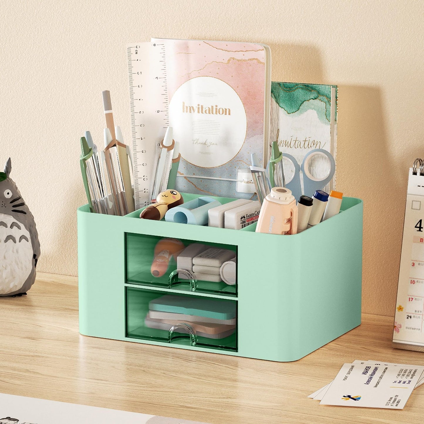 Multi Functional Desk Organizer with 2 Drawers, 5 Compartments, Pencil Holder  2