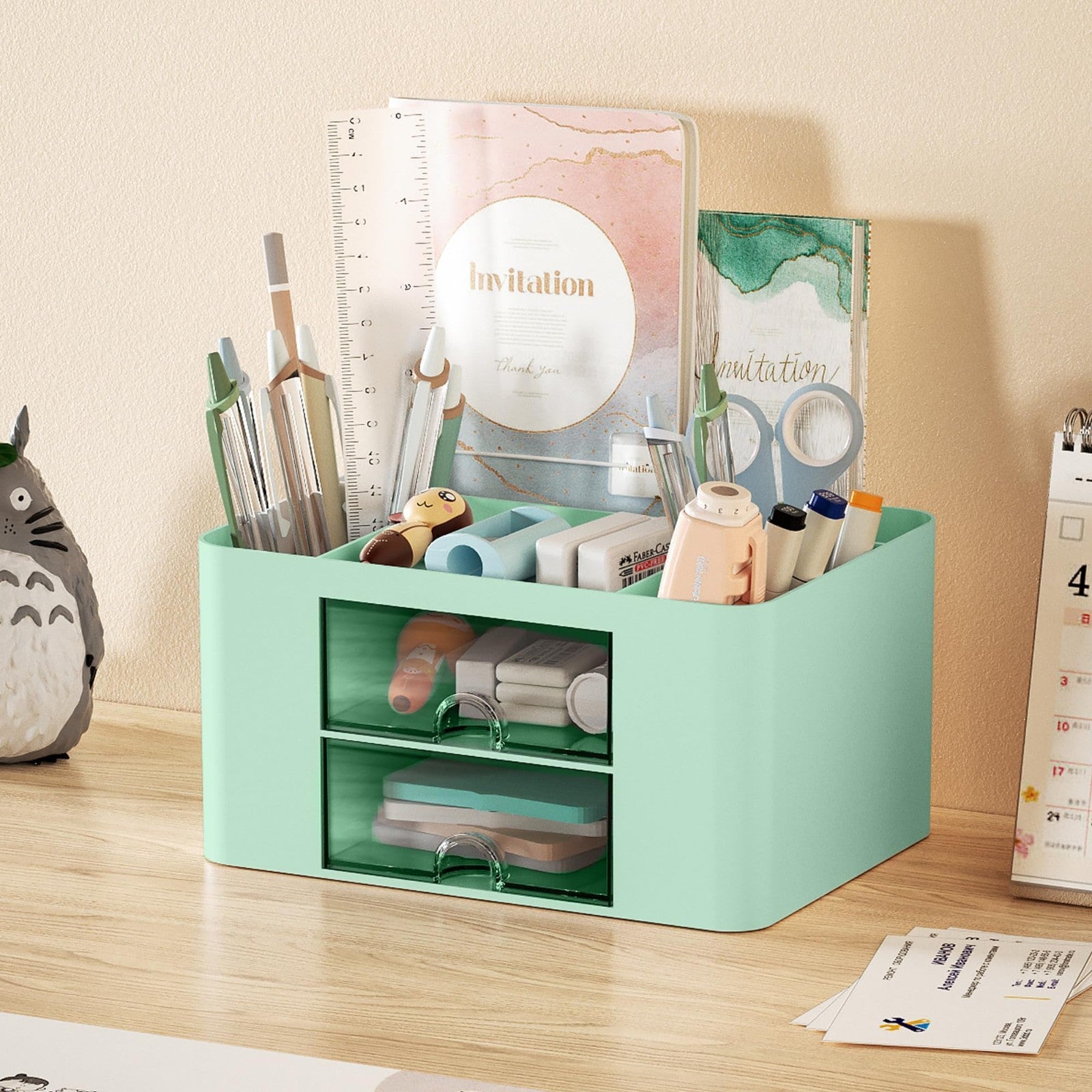 Multi Functional Desk Organizer with 2 Drawers, 5 Compartments, Pencil Holder  2
