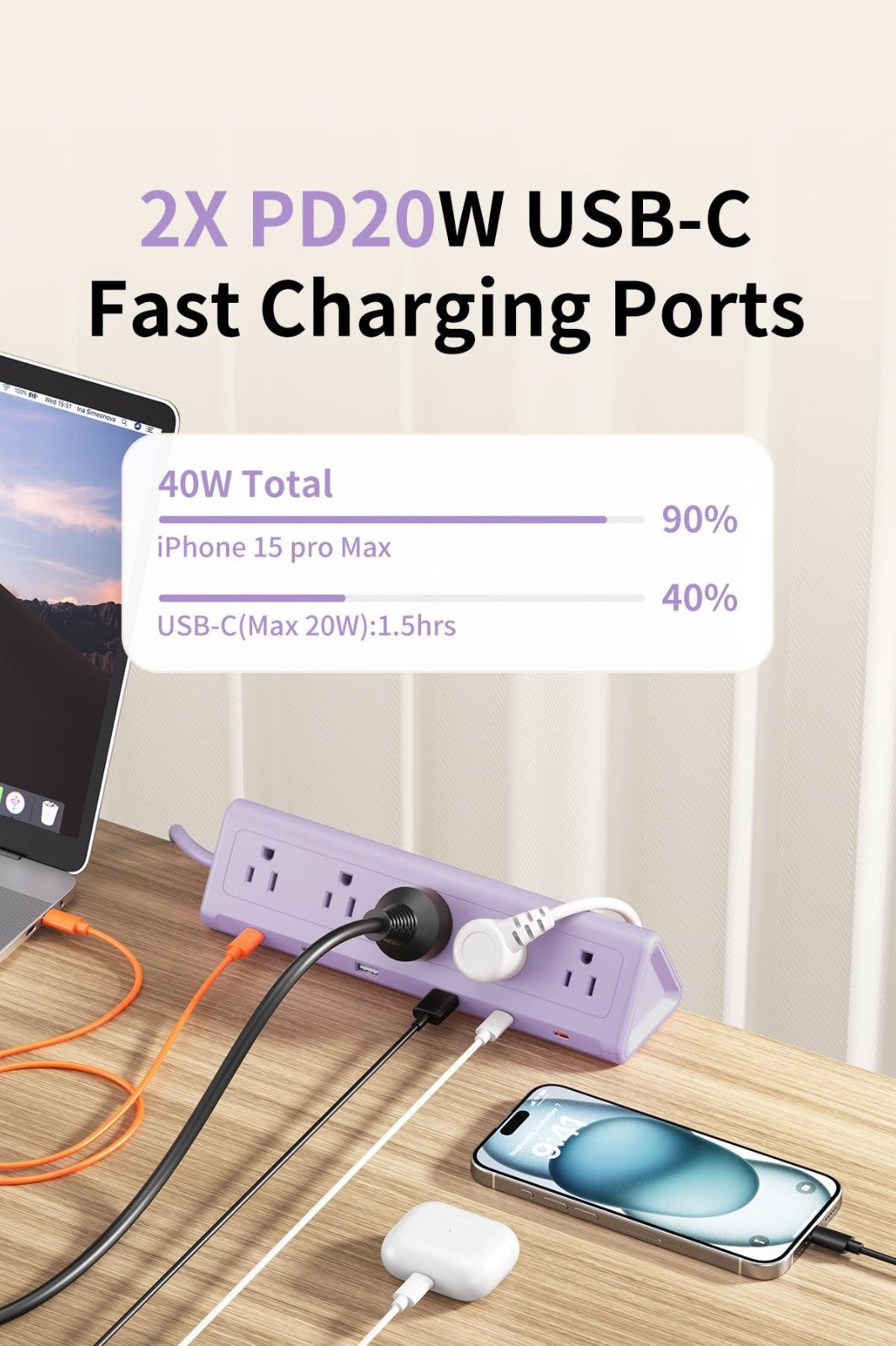6.5FT Desk Clamp Power Strip   5 AC Outlets, 6 USB Ports, PD 40W Fast Charge3