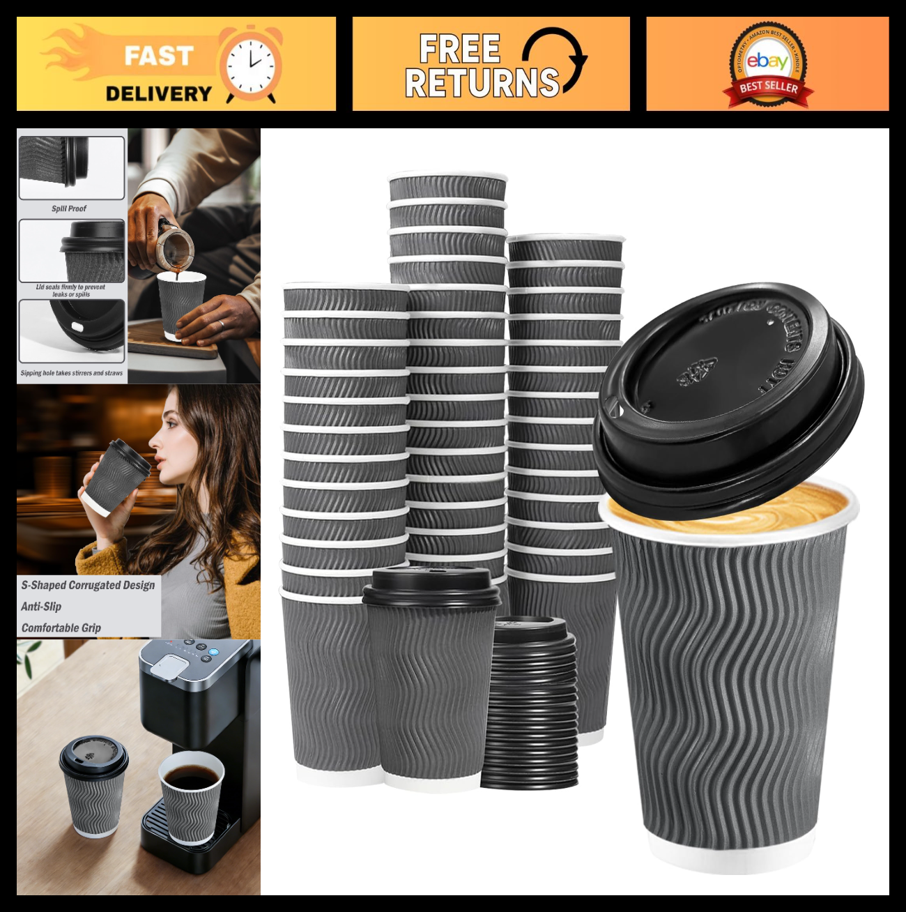 50 Pack 8 oz Insulated Disposable Coffee Cups with Lids   To Go Hot Drink Cups f0