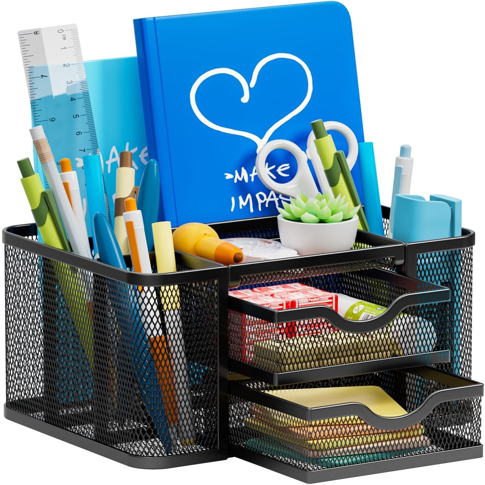 Multi Functional Mesh Desk Organizer with 2 Drawers, 5 Compartments, Black Penci1
