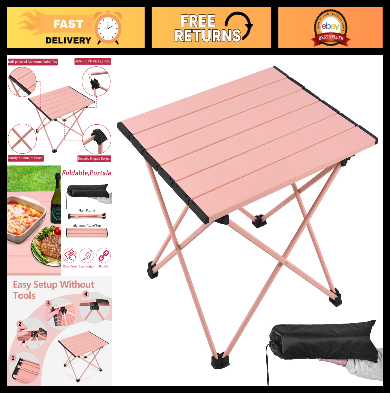 Portable Folding Beach Table - Lightweight Aluminum Top for Outdoor, Picnic, BBQ0