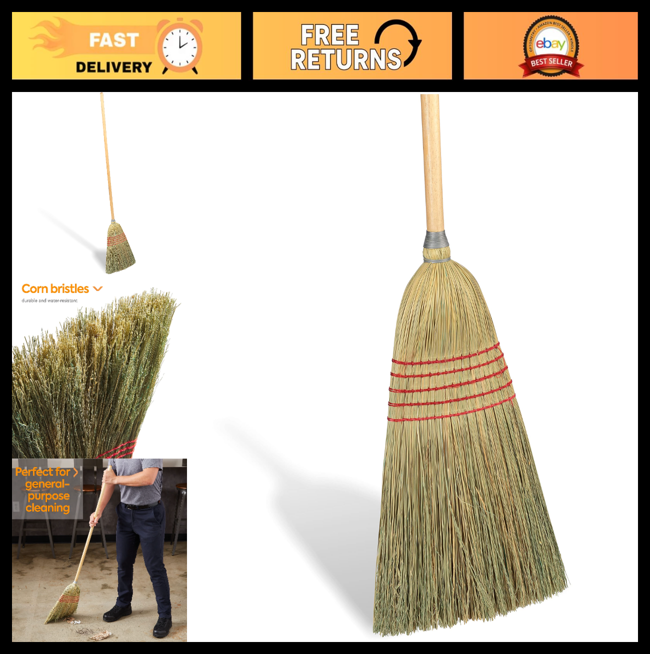 10" Standard Corn Broom with Natural Wood Handle - Heavy Duty Cleaning Tool0