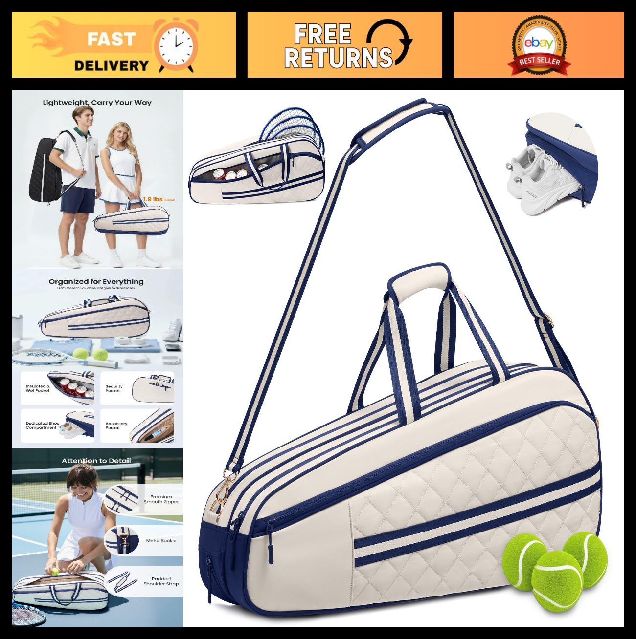 Water-Resistant Tennis Racket Bag with Shoe Compartment, Holds 3-6 Rackets, Gym0