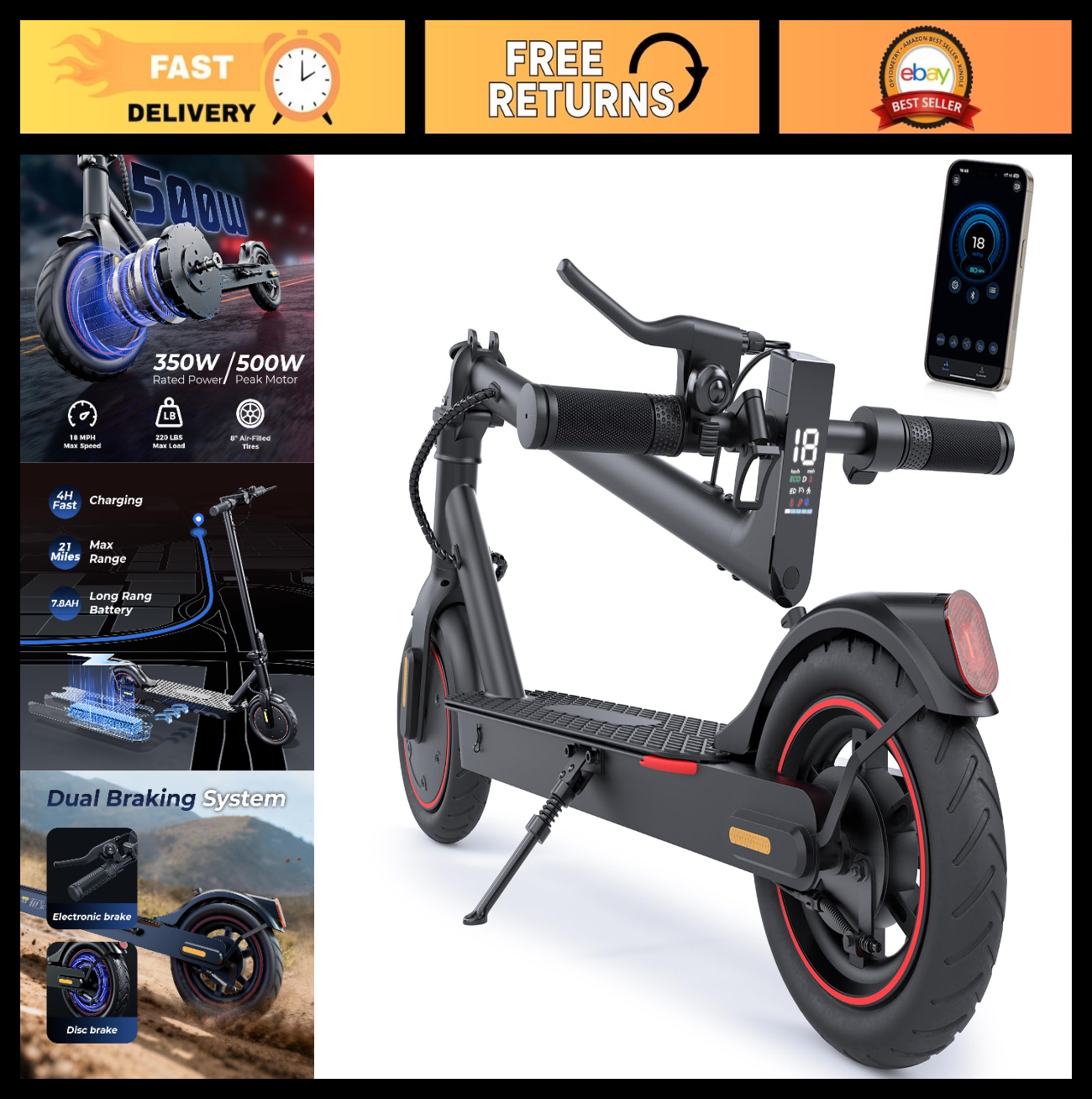 High-Power Electric Scooter for Adults & Teens, 1200W/1000W/500W Motor, 10"/8.5"0