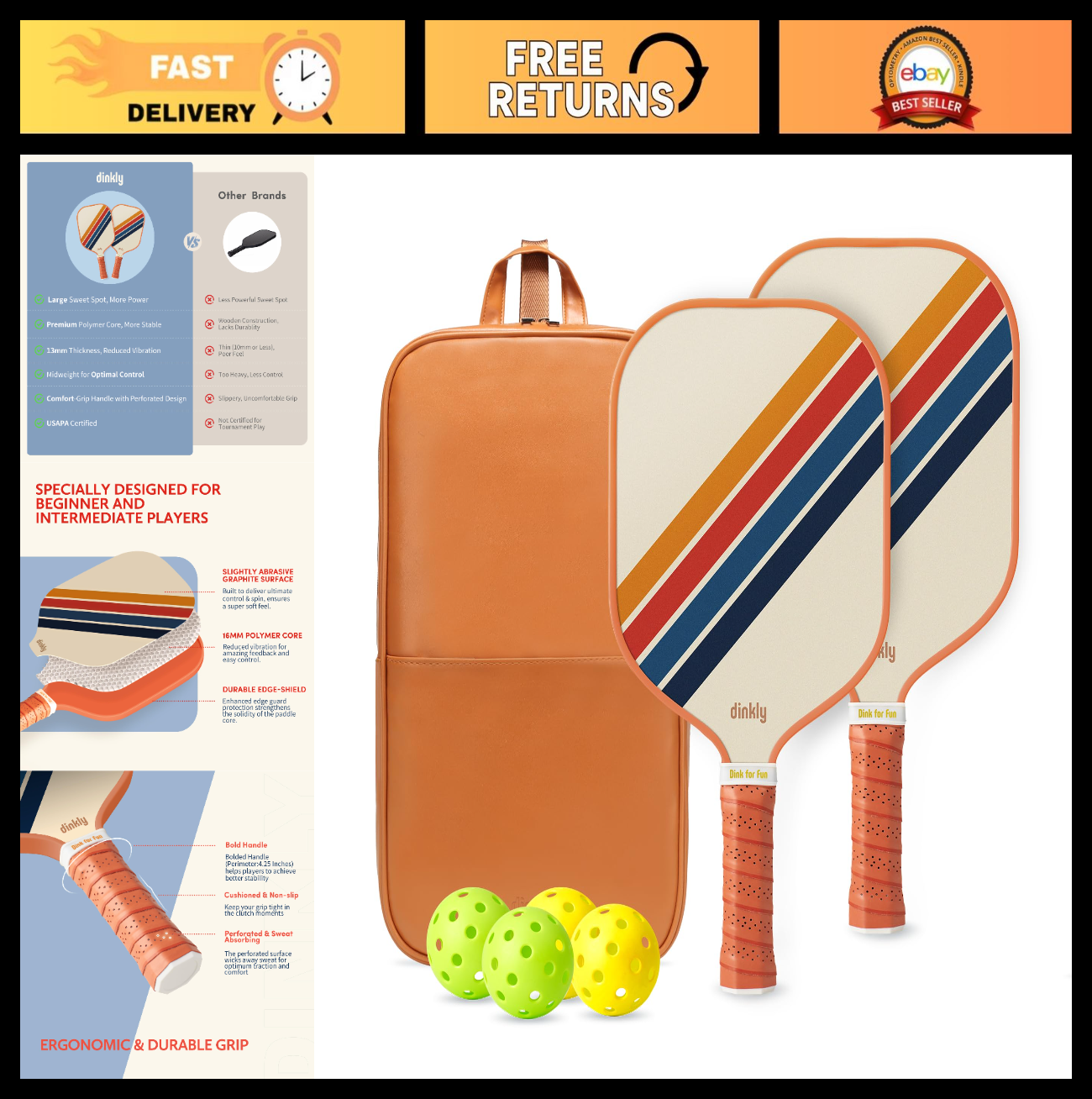 Pickleball Paddle Set of 2/4, USAPA Approved, Graphite/Fiberglass Rackets, Balls0