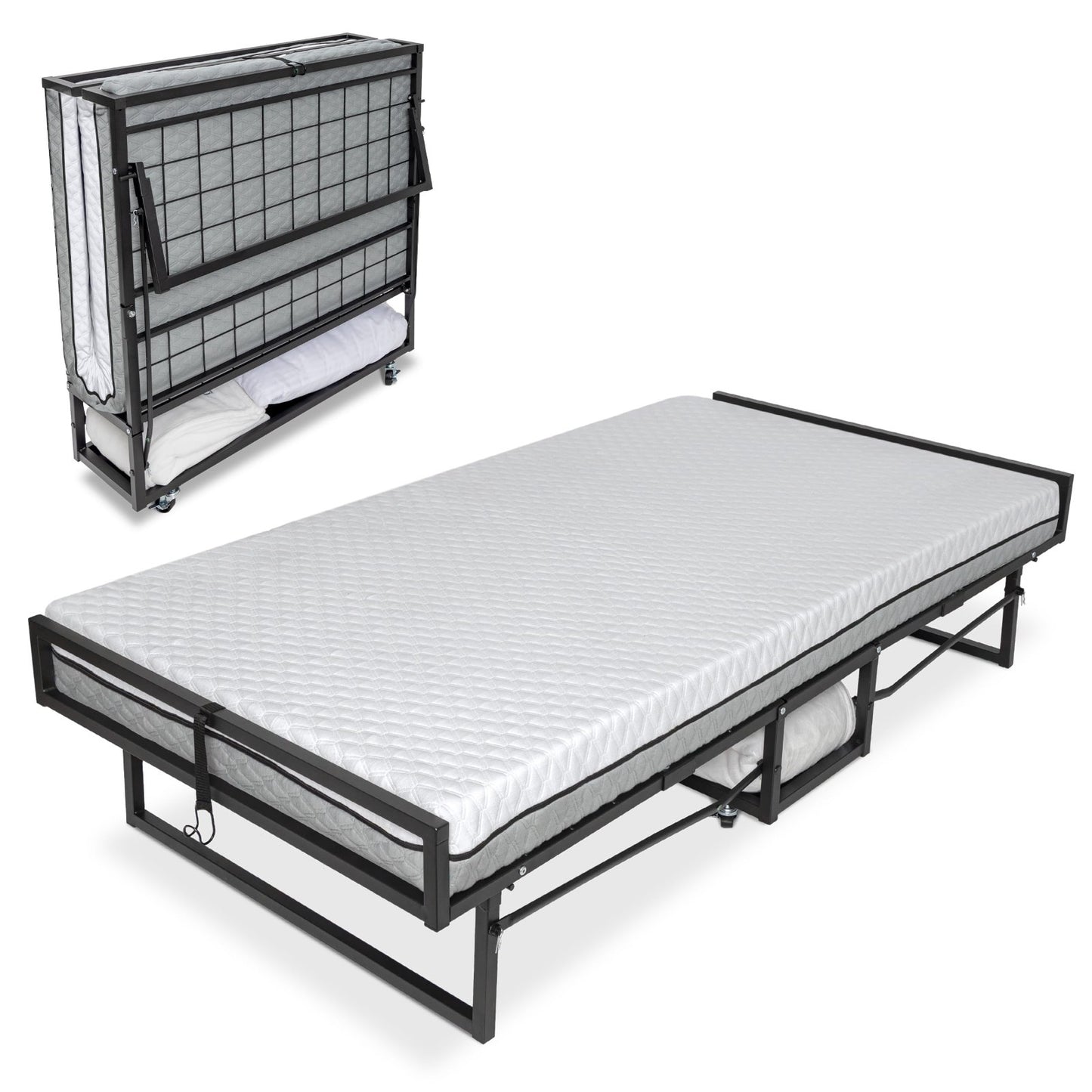 Deluxe Twin Folding Bed with Mattress, Portable Rollaway Bed, Bonus Pillow & Bla1