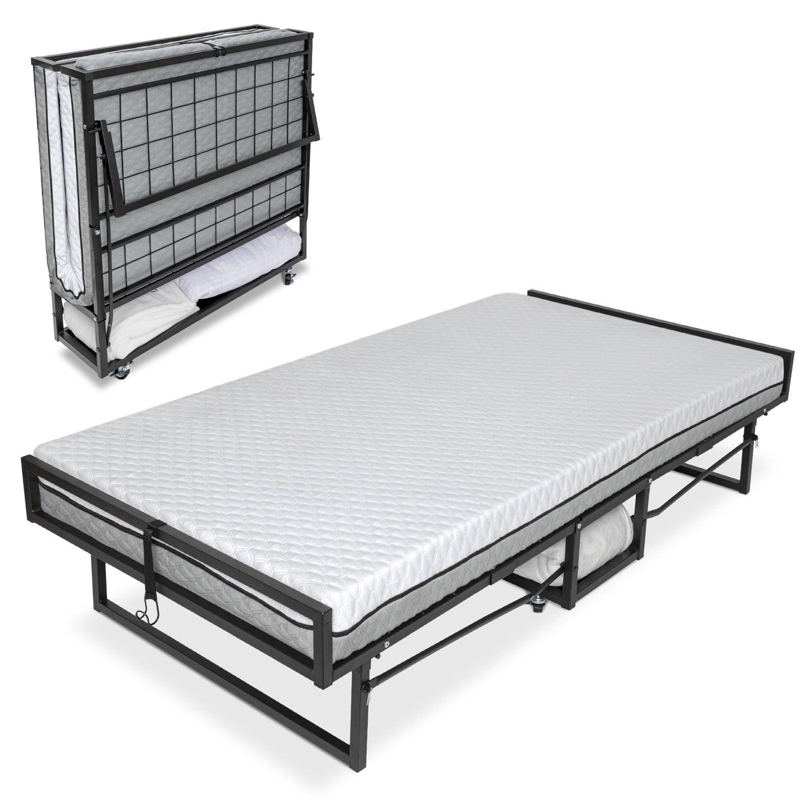 Deluxe Twin Folding Bed with Mattress, Portable Rollaway Bed, Bonus Pillow & Bla1