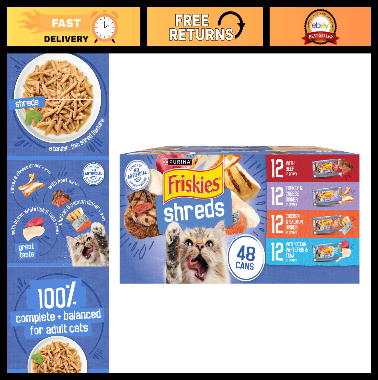Variety Pack Wet Cat Food, Shreds, 48 Cans   Tasty & Nutritious Meals for Cats0
