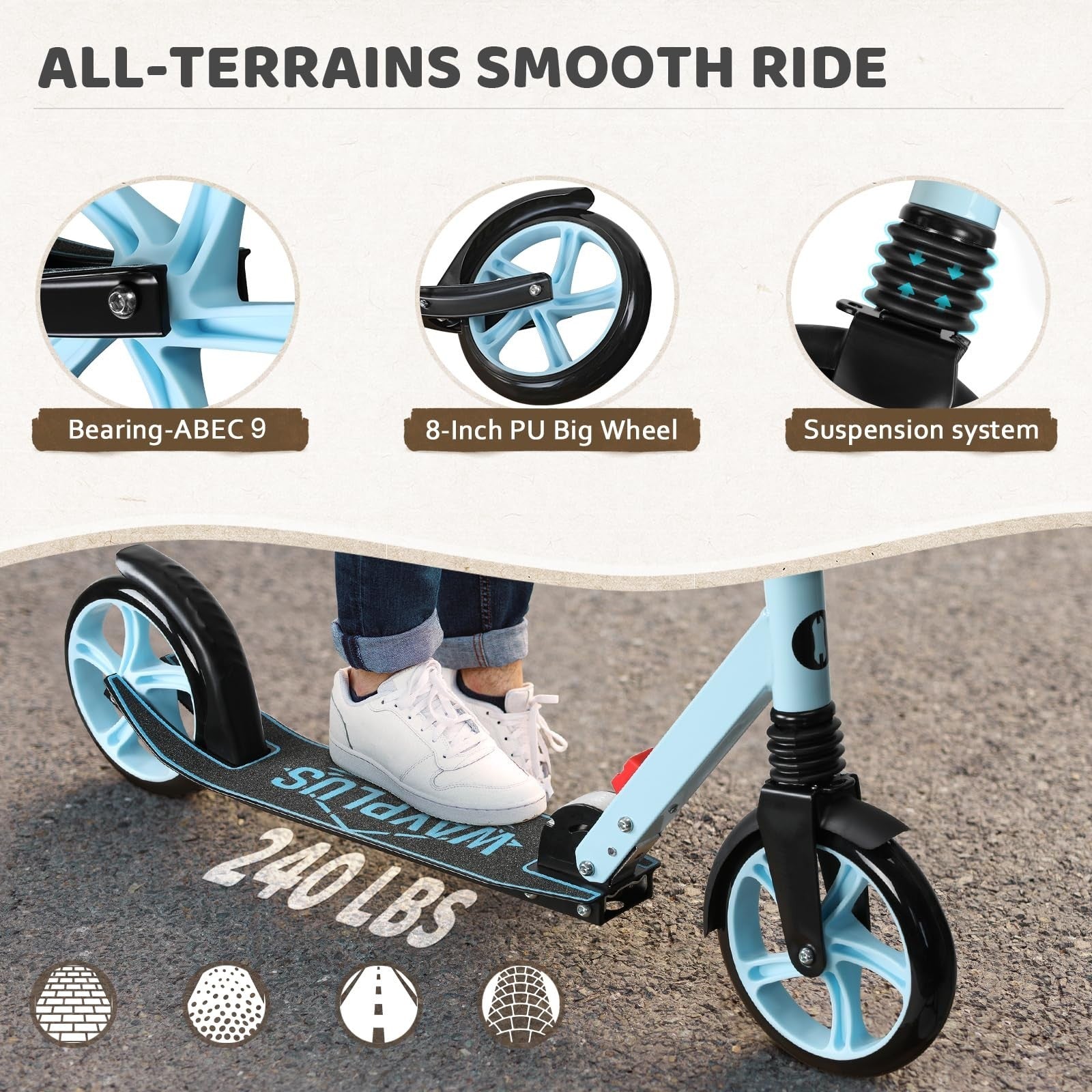 Kick Scooter for Ages 6+, Kids, Teens & Adults - 8" Big Wheels, 240lb Capacity3
