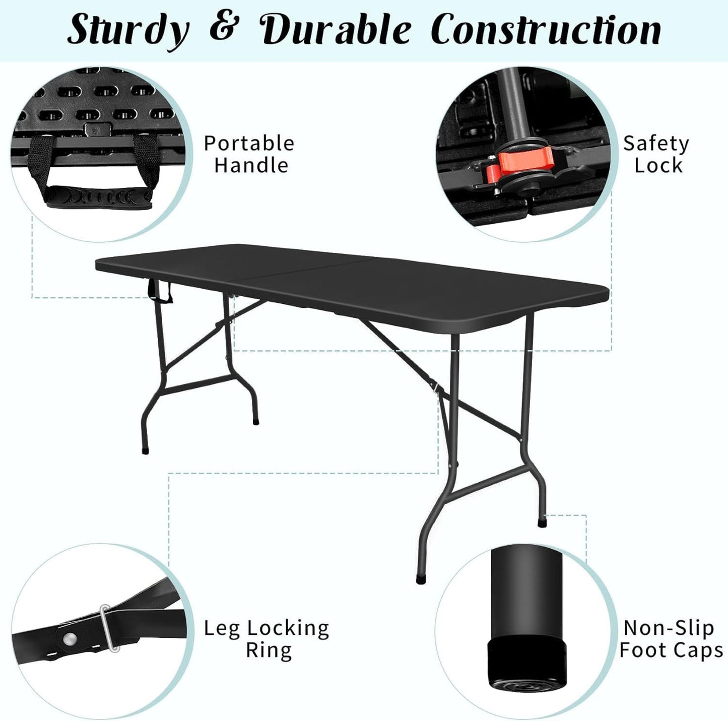 6ft Folding Table with Handle & Steel Legs - Heavy Duty Portable for Events, BBQ4