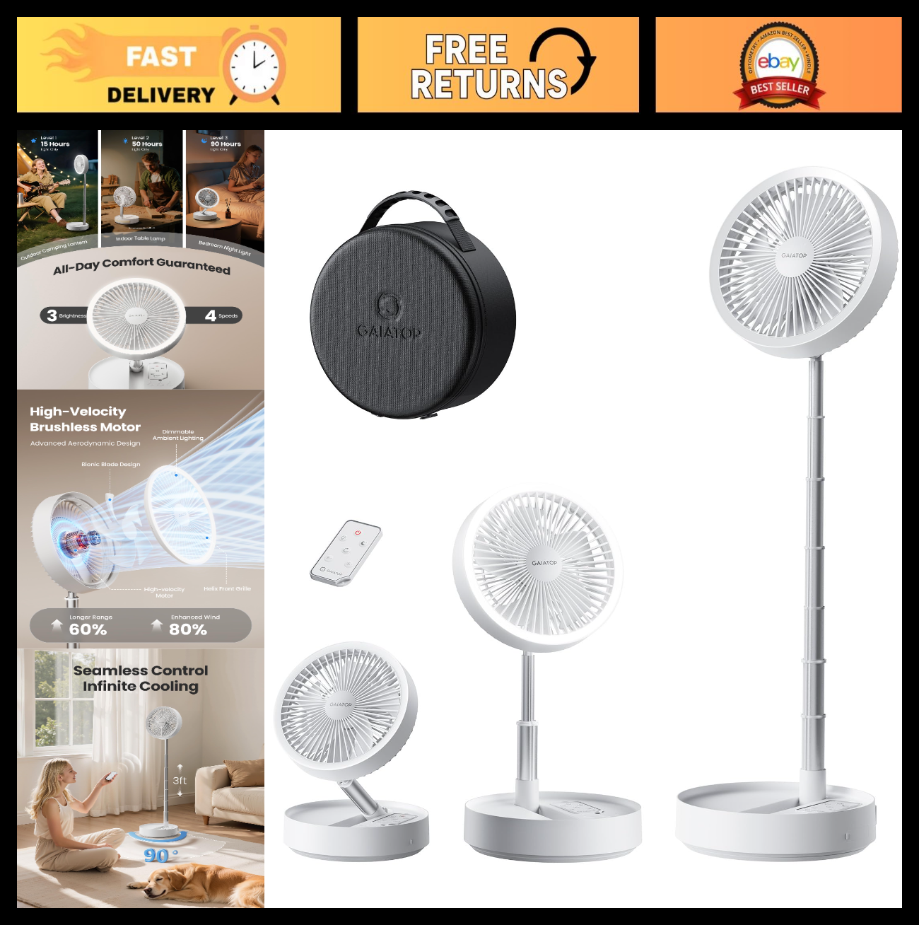 Portable Battery Powered Pedestal Fan, 16000mAh, 74h Runtime, Oscillating, Folda0