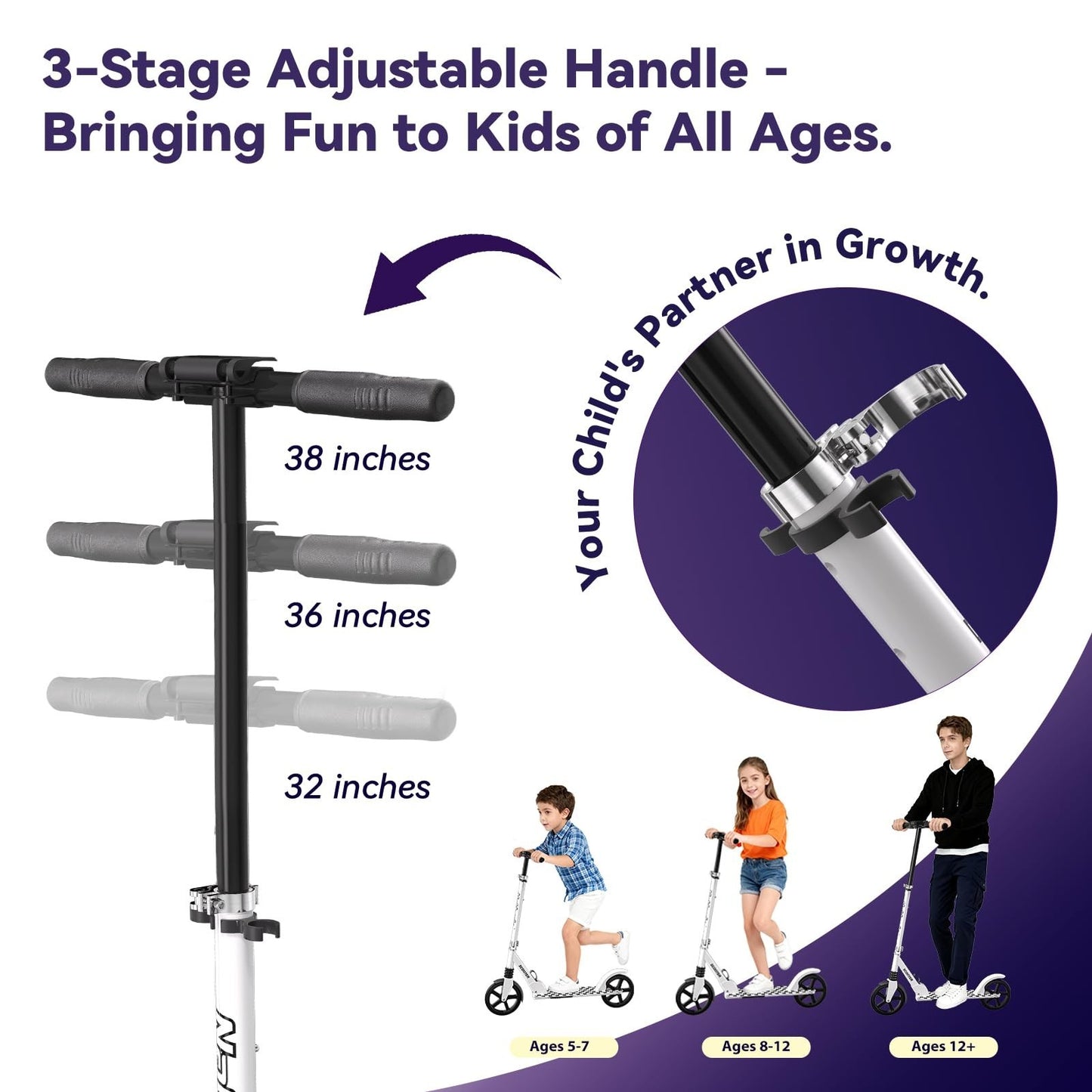 Kick Scooter for Kids & Adults, Adjustable Height, Foldable, 240 LBS Max Load, 83