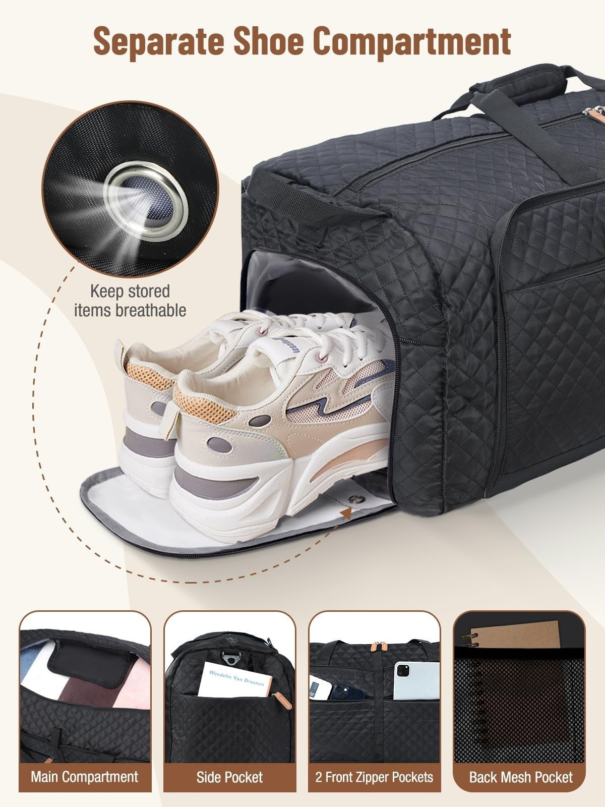 Large 80L Foldable Travel Duffel Bag with Shoe Compartment & Straps - Weekend Ca3