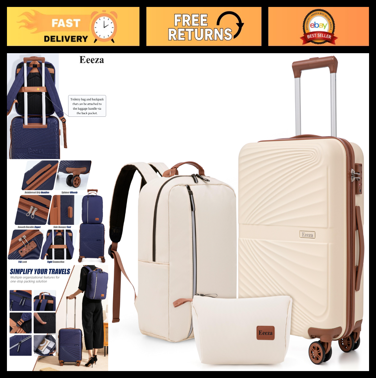 3-Piece Carry-On Luggage Set - Lightweight ABS Hardshell, 360° Spinner Wheels, T0