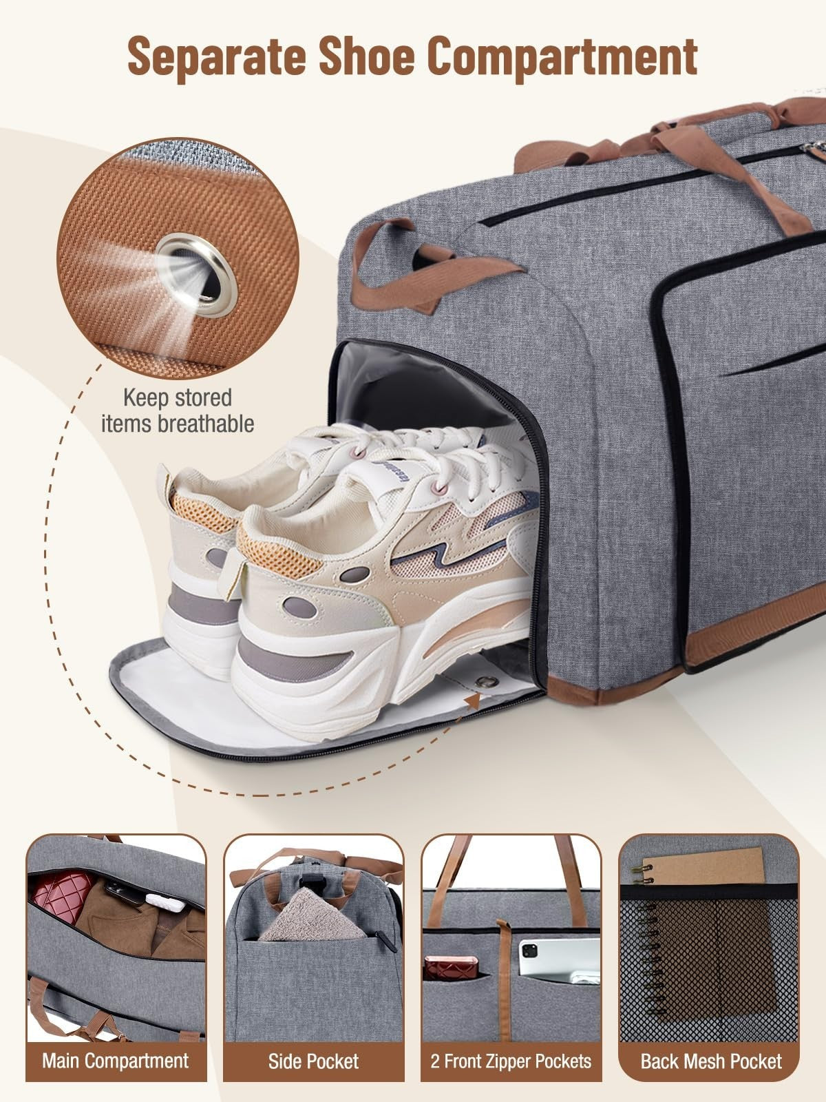60L Foldable Travel Duffel Bag for Women, Large Weekend Bag with Shoe Compartmen3