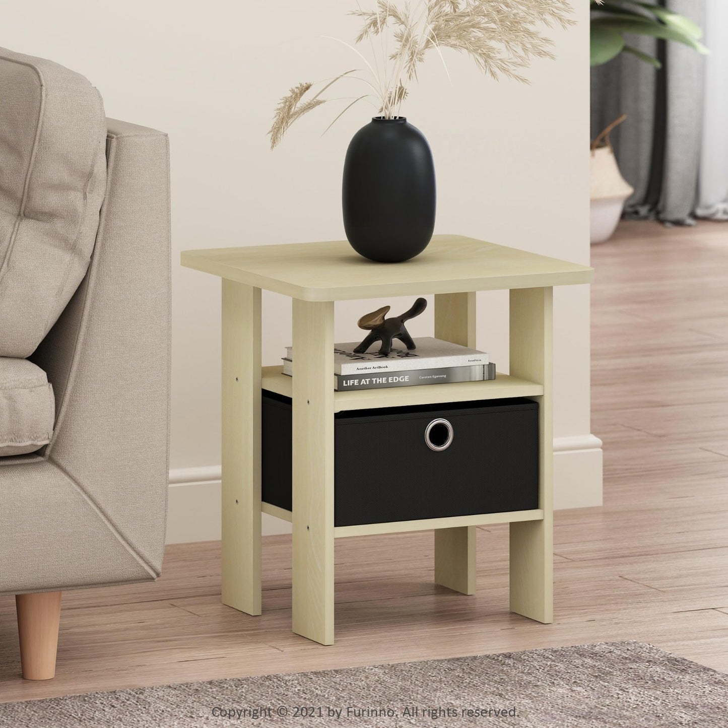Modern Side Table with Open Shelves & Storage Bin - Versatile Nightstand for Liv2