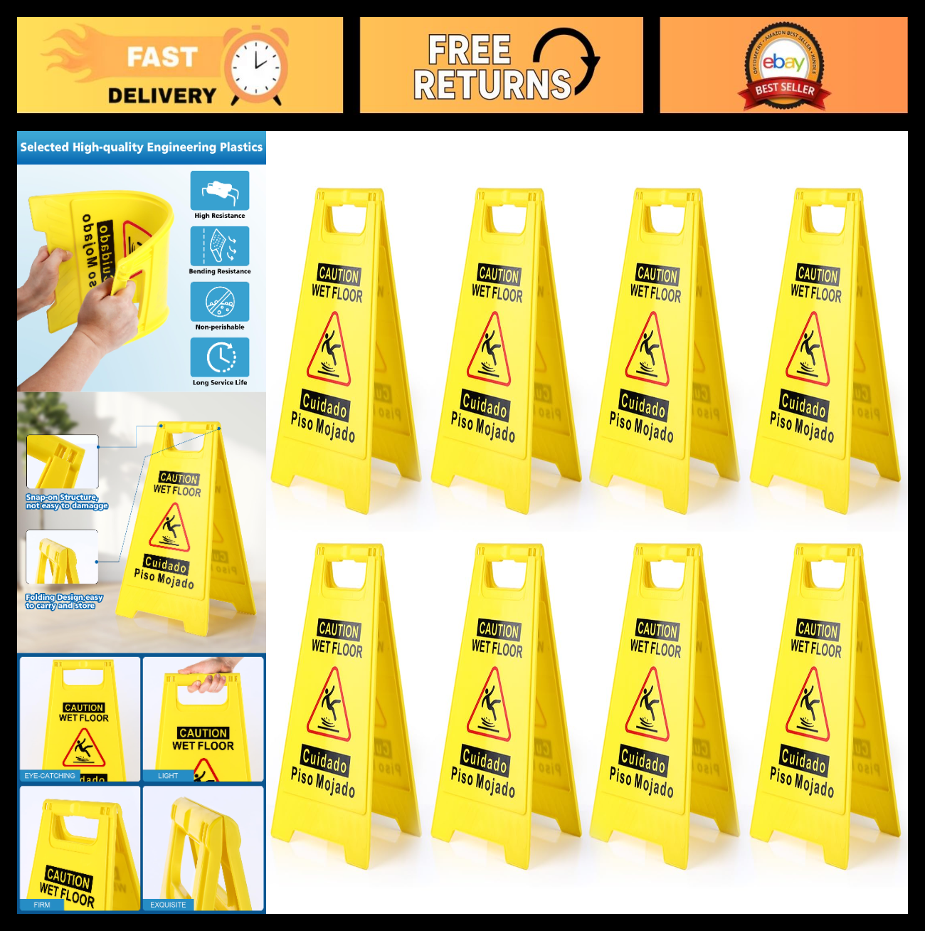 8 Pack Wet Floor Signs, 17.5" Bright Yellow Double Sided A Frame, Bilingual Safe0