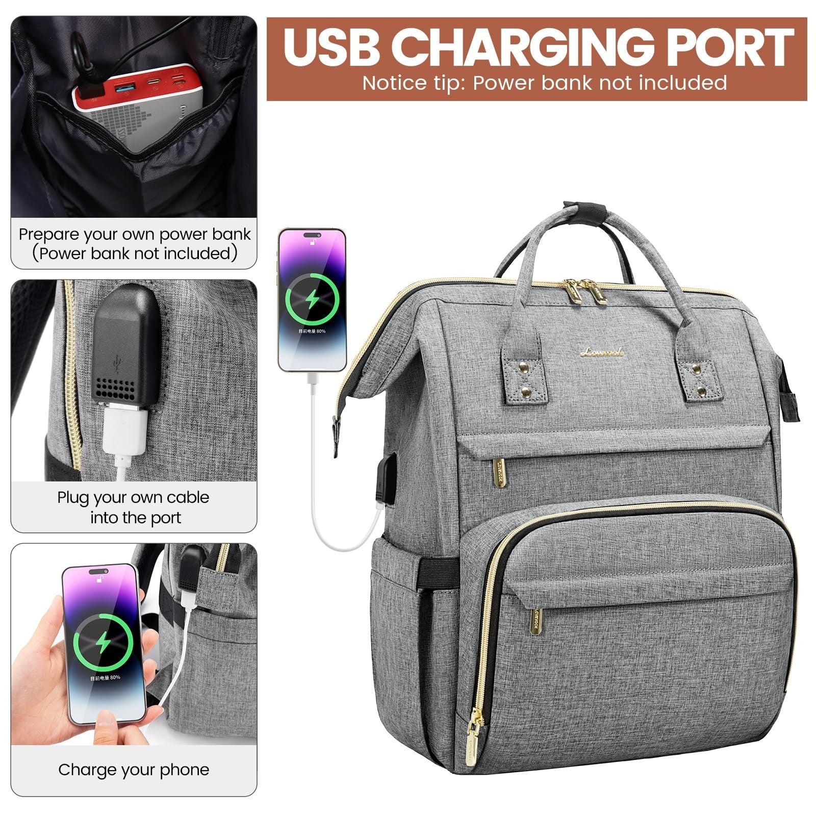 Stylish 15.6" Laptop Backpack for Women, Waterproof Travel Bag with USB Port, Gr3