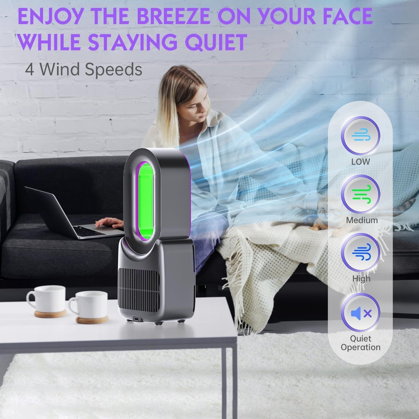 Bladeless Rechargeable Desk Fan with 5 Color LED Light   Quiet 11.8 Inch Table F1