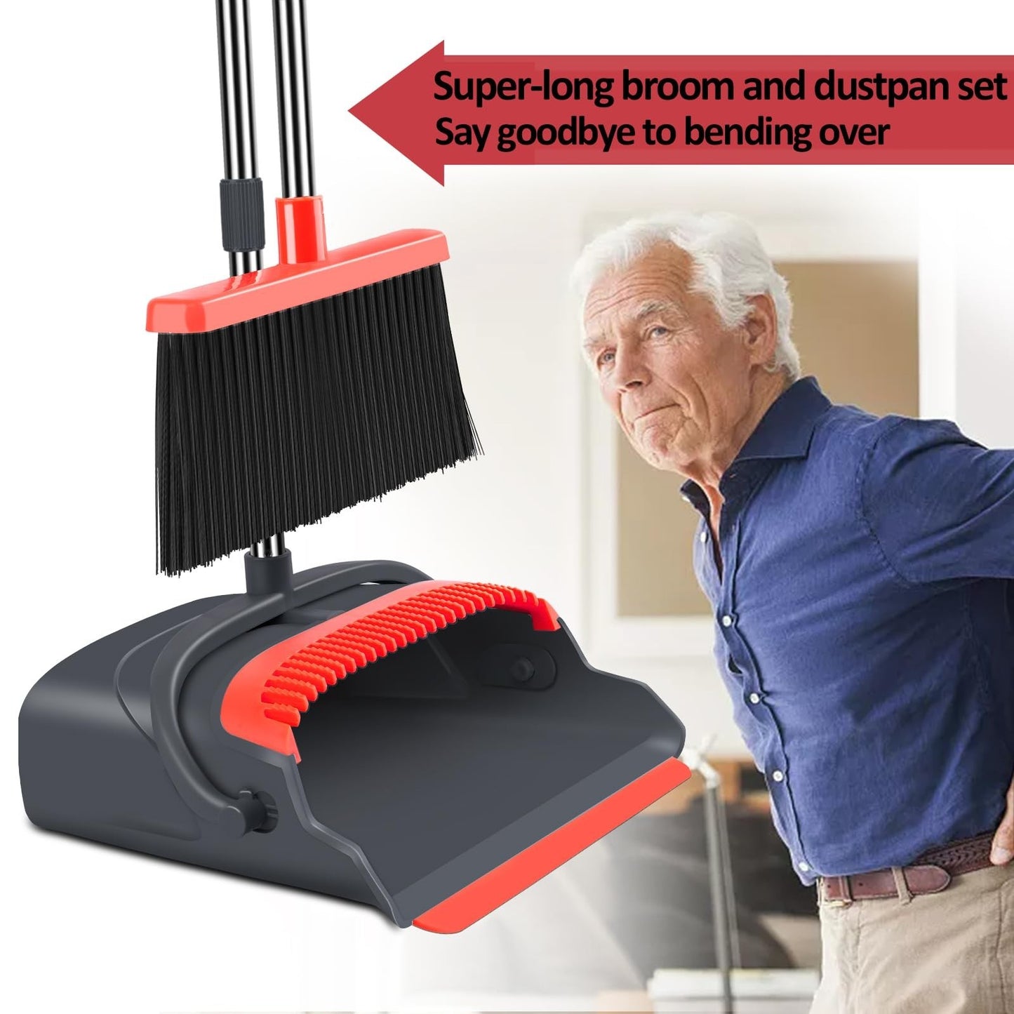 Large Broom and Dustpan Set, Long Handle Combo for Indoor/Outdoor Use, Black & R4