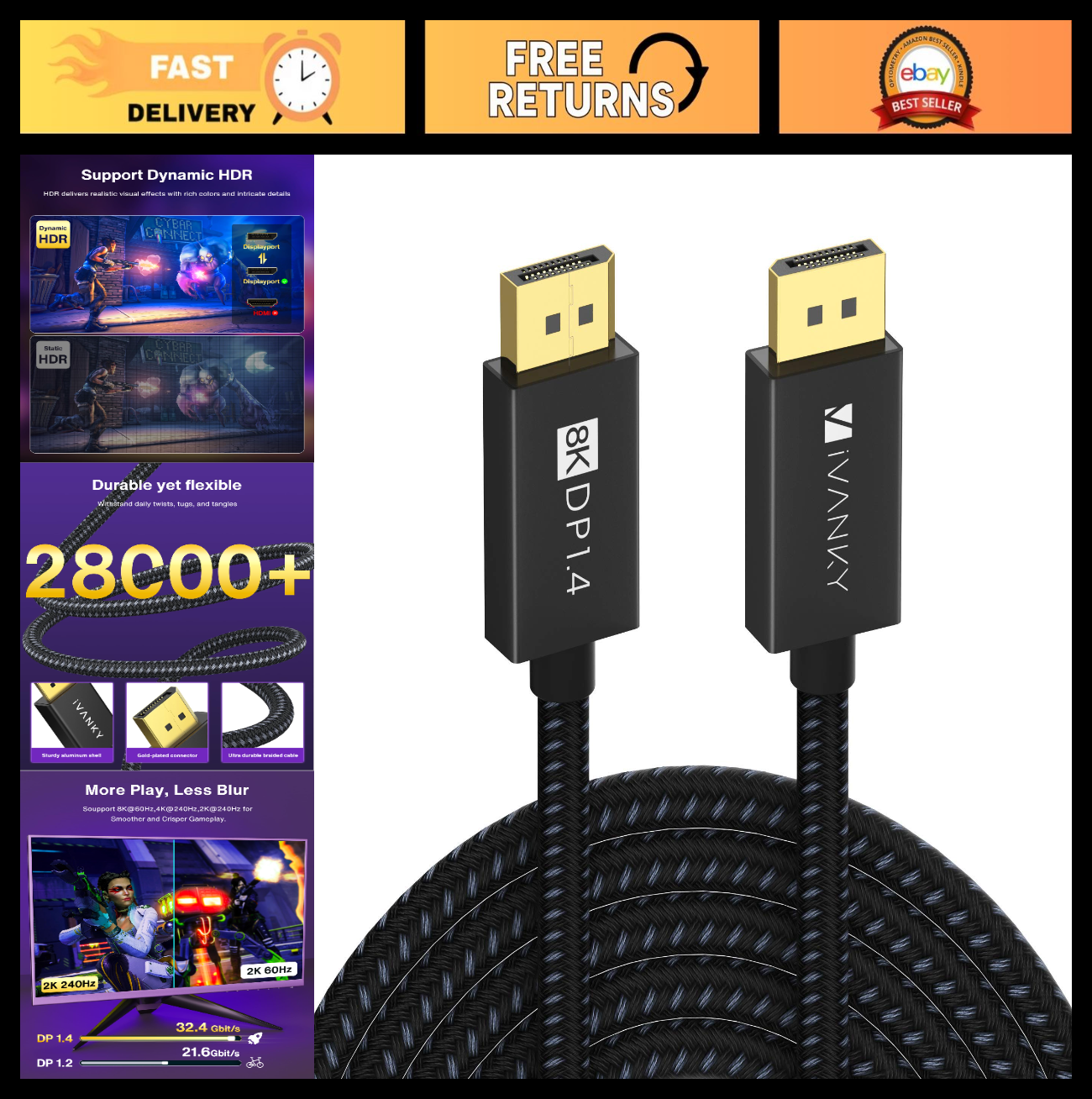 High Speed 15ft DisplayPort 1.4 Cable, 8K@60Hz, 4K@240Hz, HBR3, HDR, Gaming Moni0