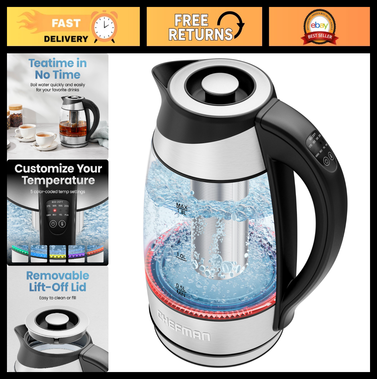 Electric Kettle with Temperature Control, 5 Presets, Glass & Stainless Steel, 1.0