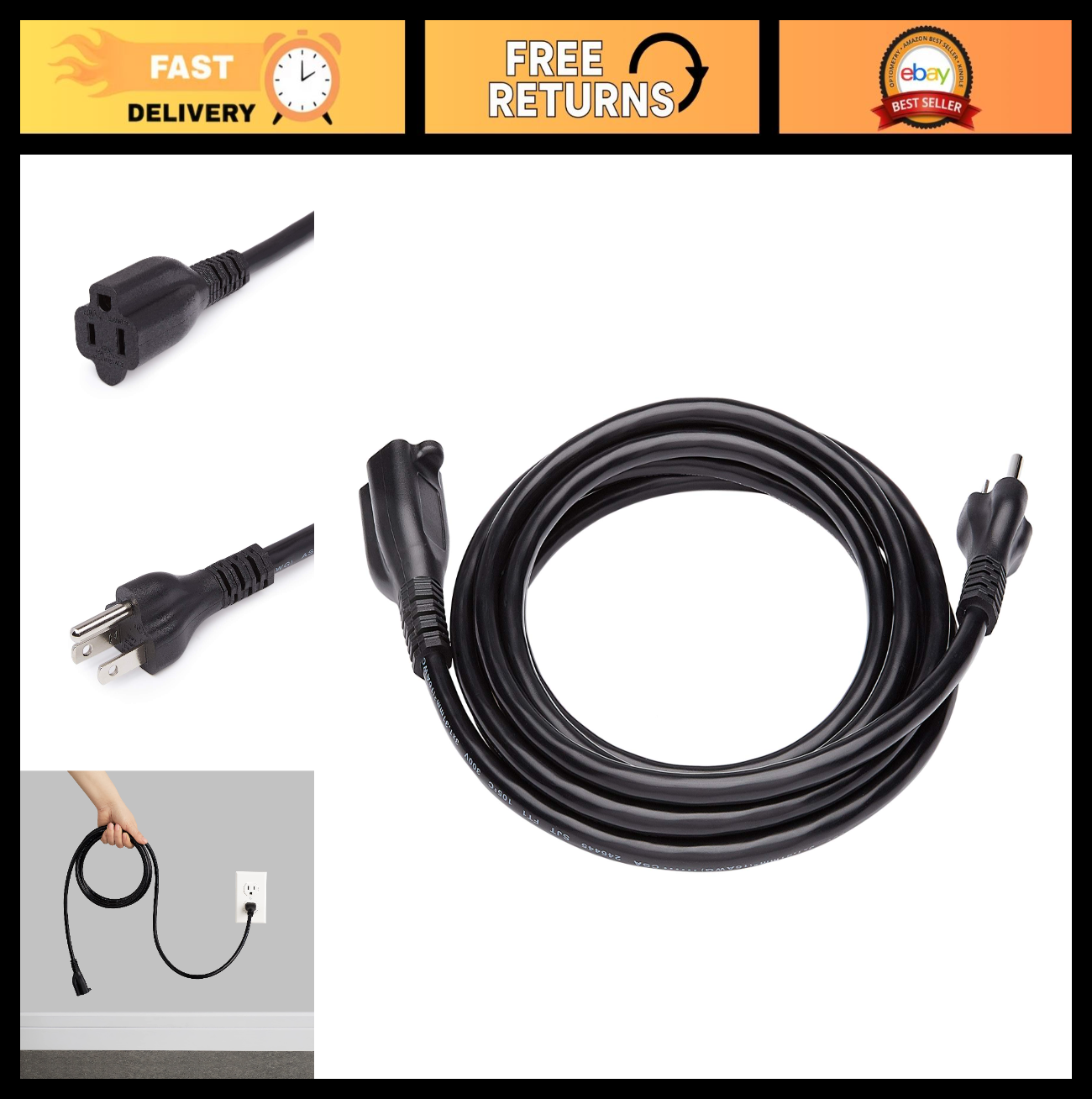 10 ft Heavy Duty Extension Cord   13 Amps, 125V, Black, 28 Count   Power Supply0