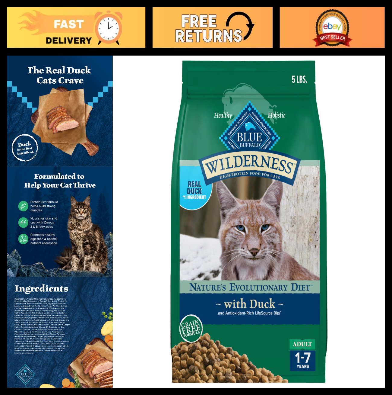 Grain Free Duck Dry Cat Food for Adults, High Protein, 5 lb Bag, Natural Nutriti0