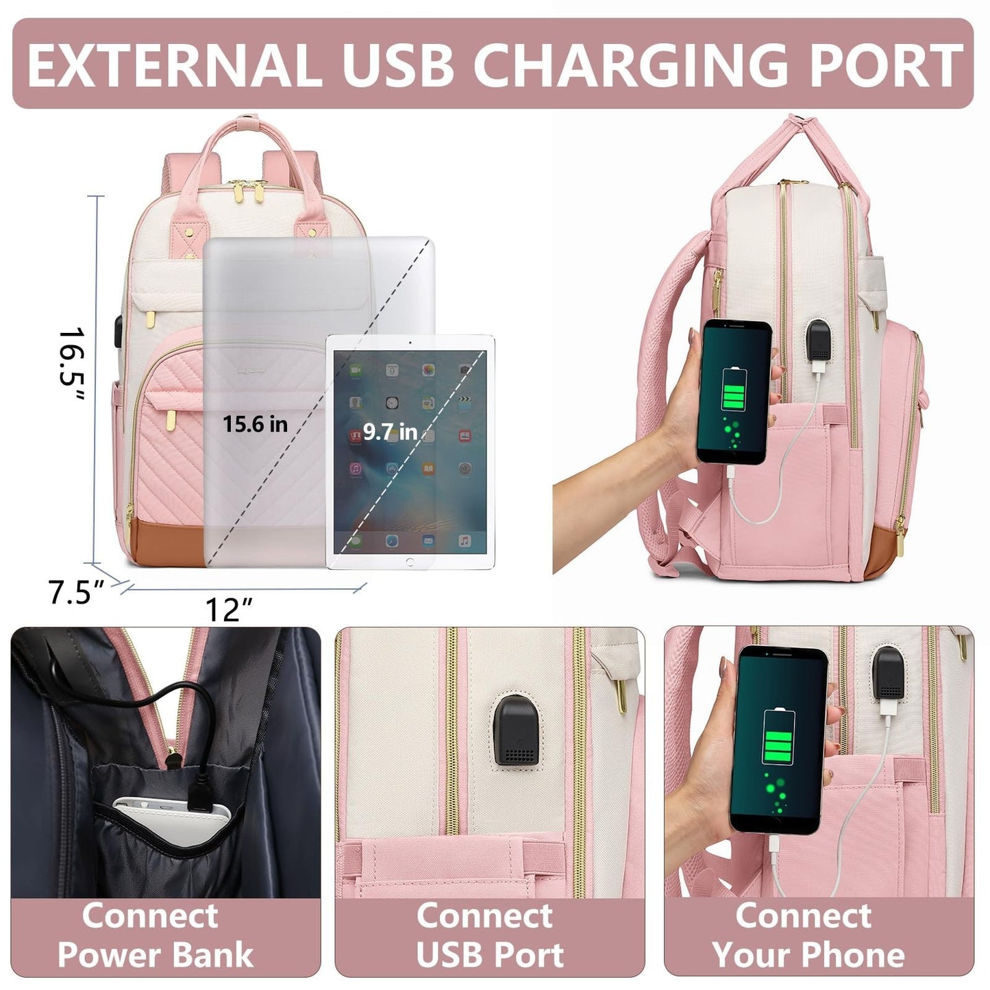 Stylish Waterproof School Backpack for Women & Teens   15.6" Laptop Bag with USB3