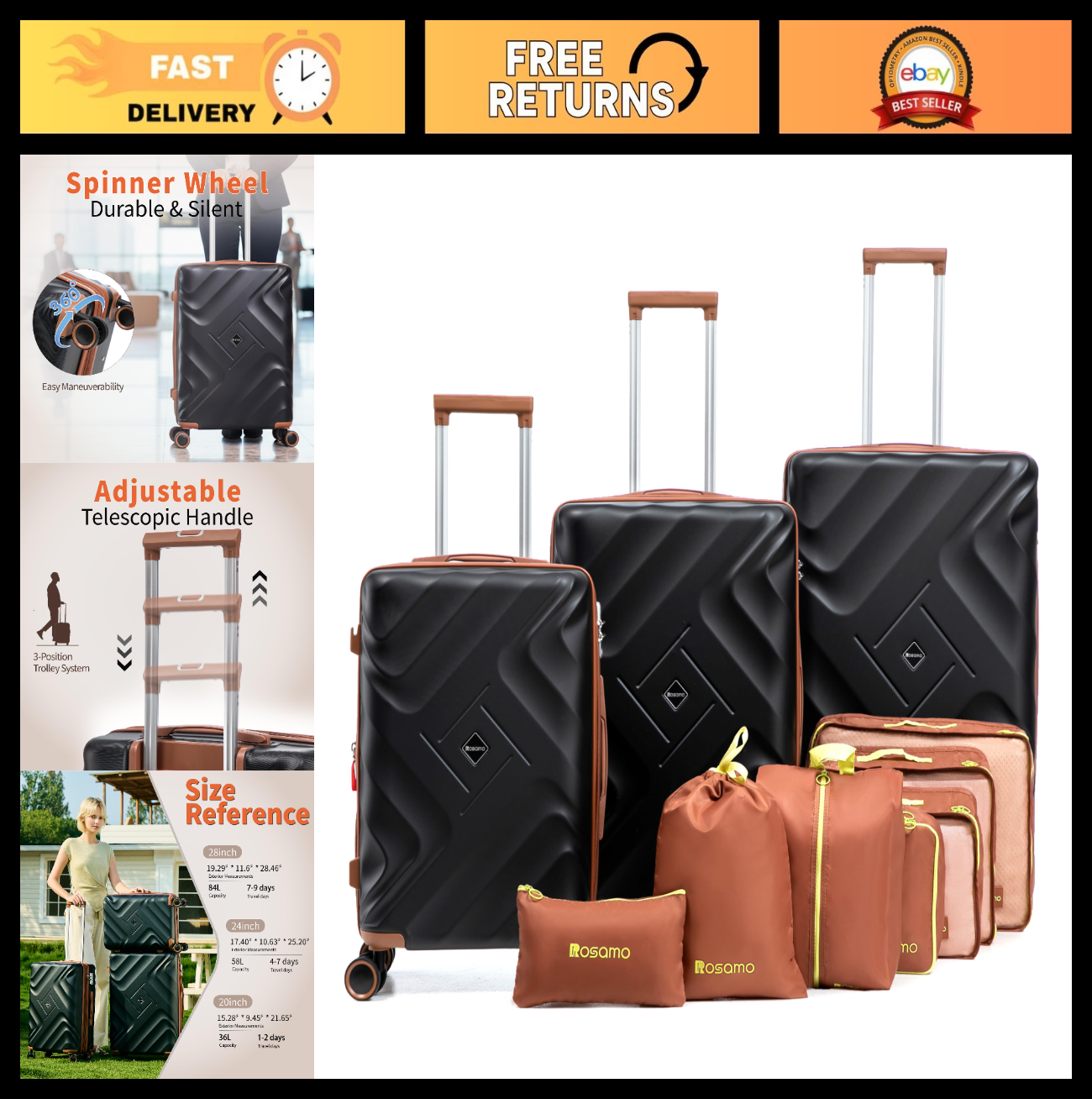 10-Piece Expandable Luggage Set, Airline Approved Carry-On, Hard Case Suitcases,0