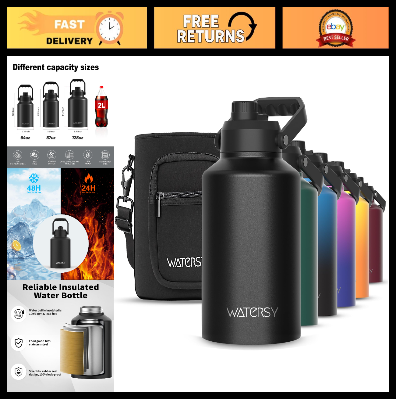 128oz Insulated Water Bottle - BPA Free, Leak Proof, Cold for 48 Hrs, Gym & Trav0