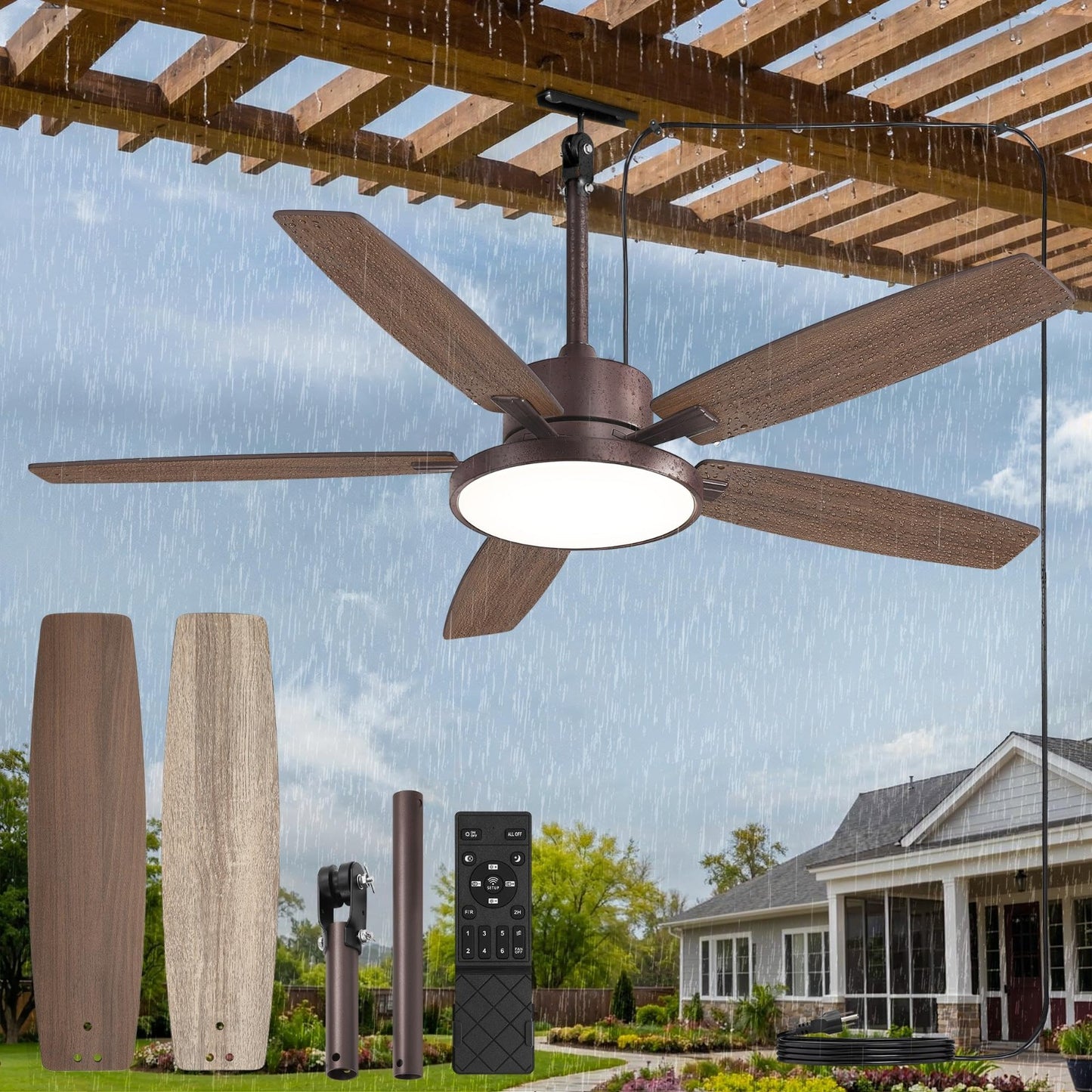 52" Waterproof Outdoor Ceiling Fan with Light | 6 Speed DC Motor for Patio & Por0