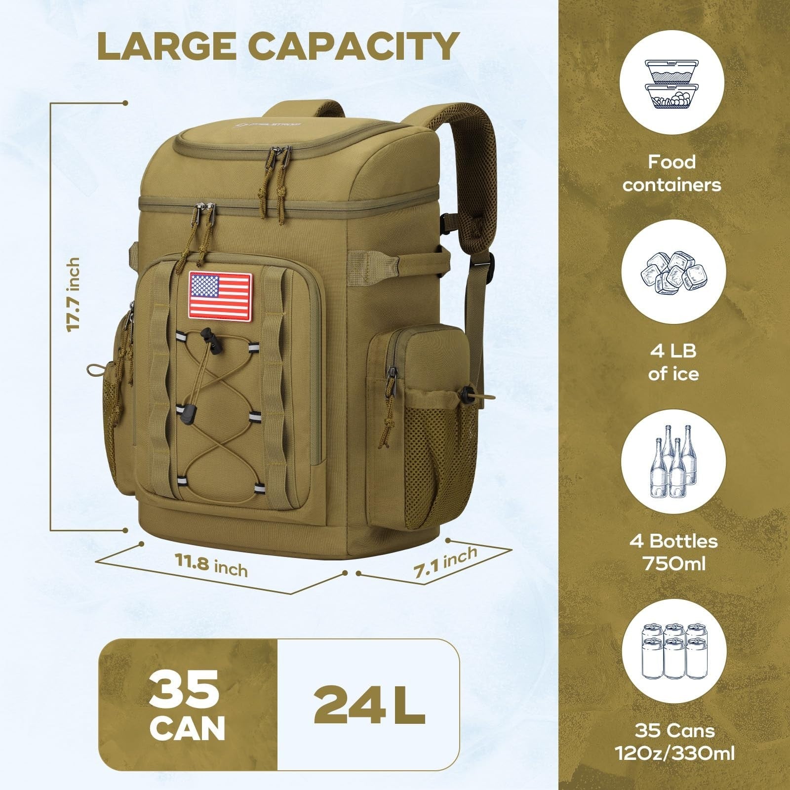 Insulated Backpack Cooler - 35/50 Can, Leakproof Soft Bag, Keeps Food Cold 16H,1