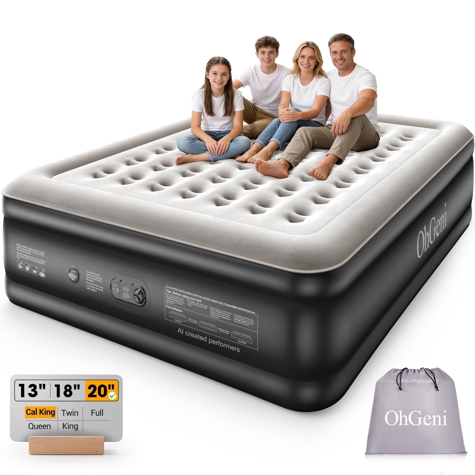 20" Raised California King Air Mattress with Built in Pump, 1000lb Capacity, Ext1