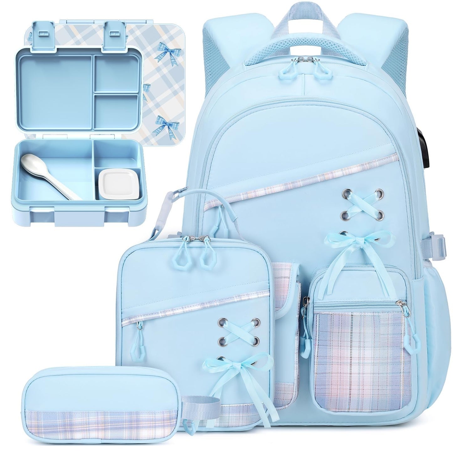 Girls Backpacks Set   6PCS Plaid School Bag with Bento Box, Lunch Bag & Pencil P1