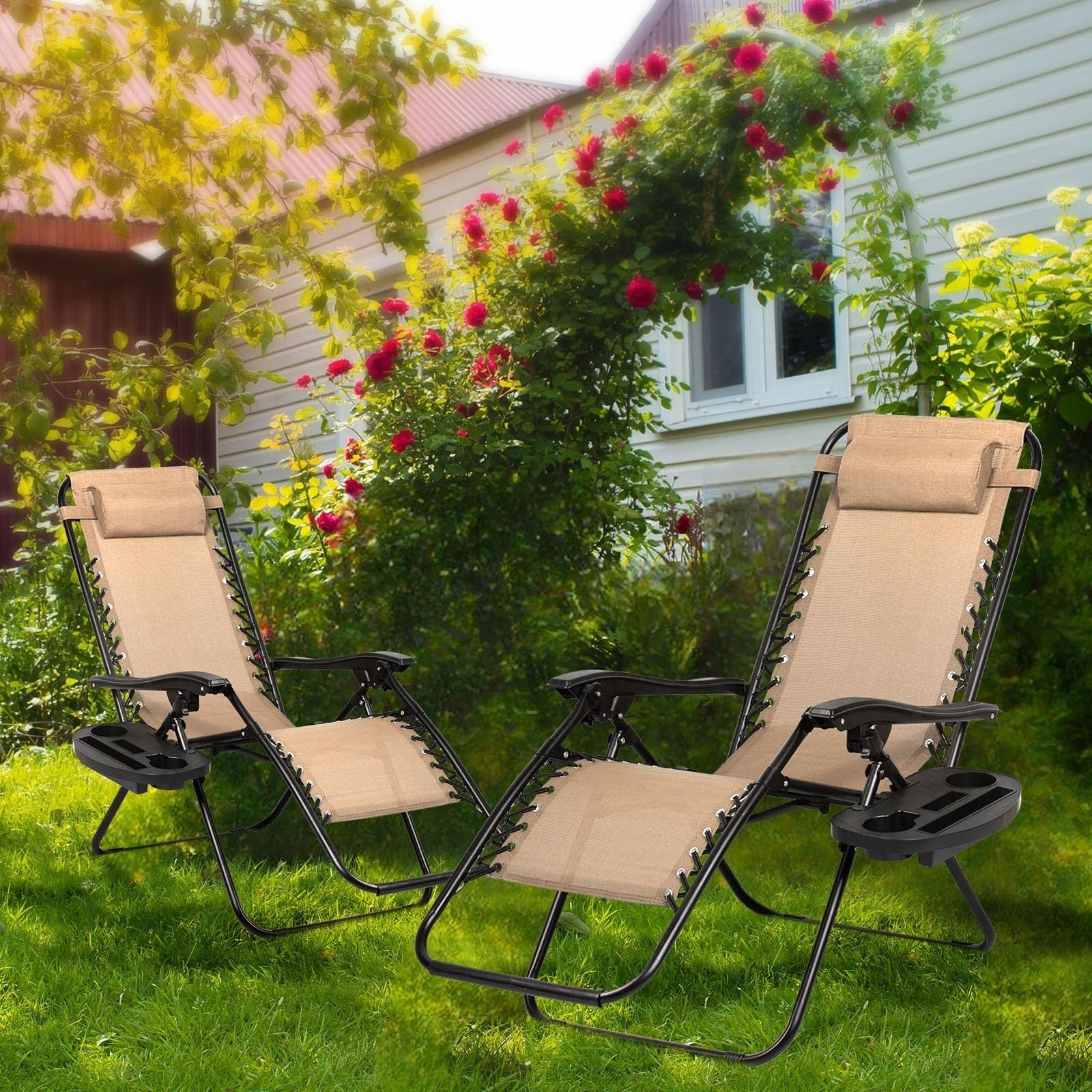 Set of 2 Adjustable Zero Gravity Lounge Chairs   Steel Mesh Patio Recliners with2