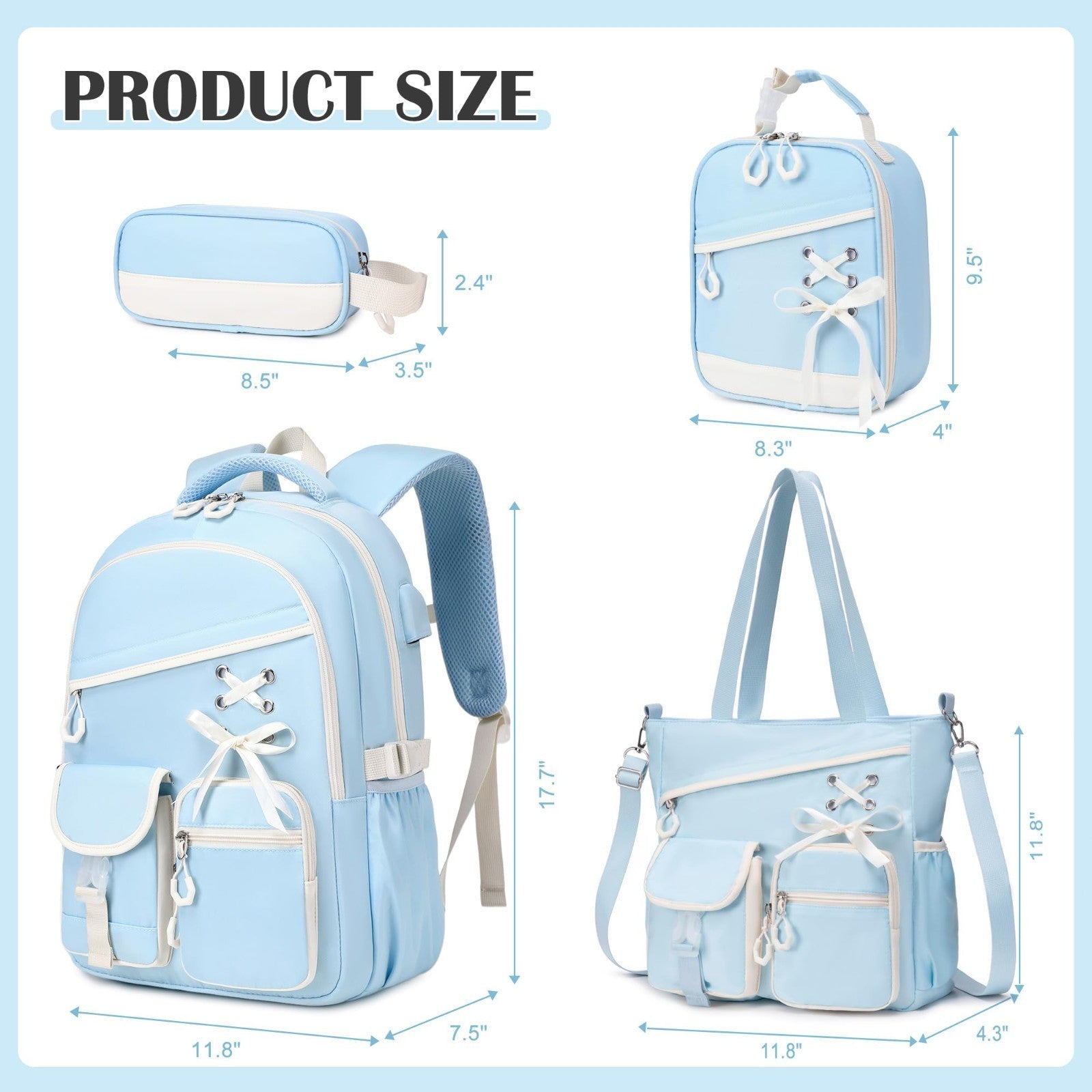 4PCS Girls Backpack Set with Tote Bag, Lunch Bag & Pencil Pouch   Stylish & Func2