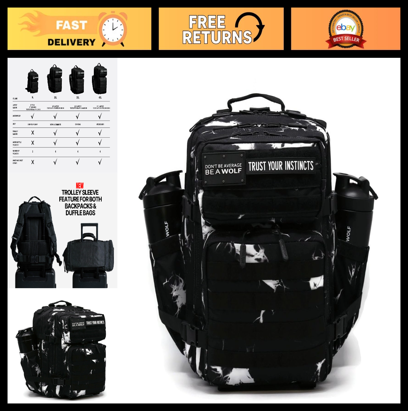 Durable 35L Waterproof Gym Backpack   1000D Oxford, MOLLE Webbing, Laptop Pocket0
