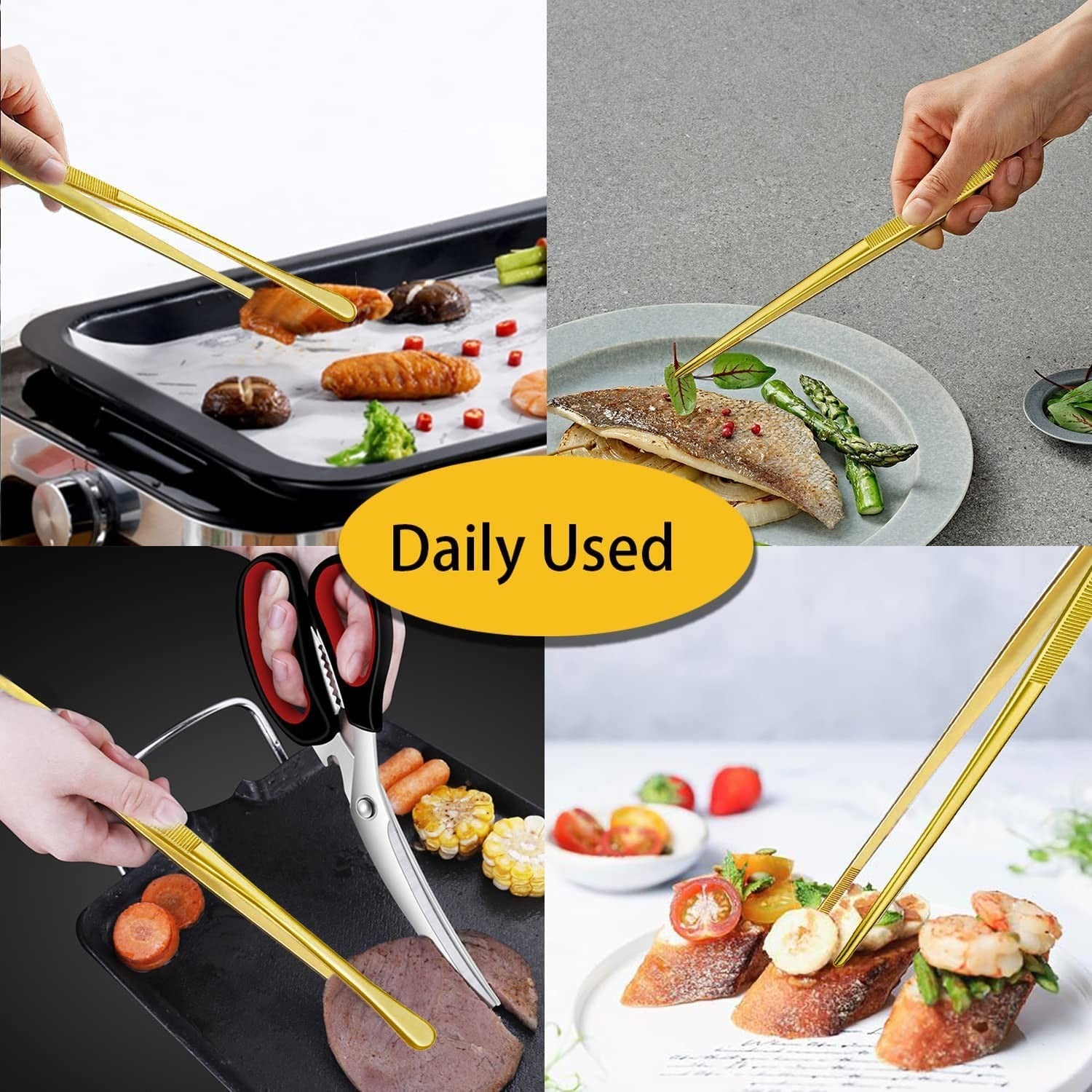 12 Inch Stainless Steel Cooking Tweezers   Set of 2 Kitchen Food Tongs (Gold)4