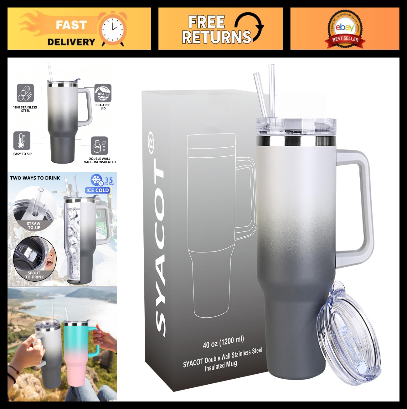 40 oz Insulated Tumbler with Handle & Straw   Leak Proof, Dishwasher Safe Travel0