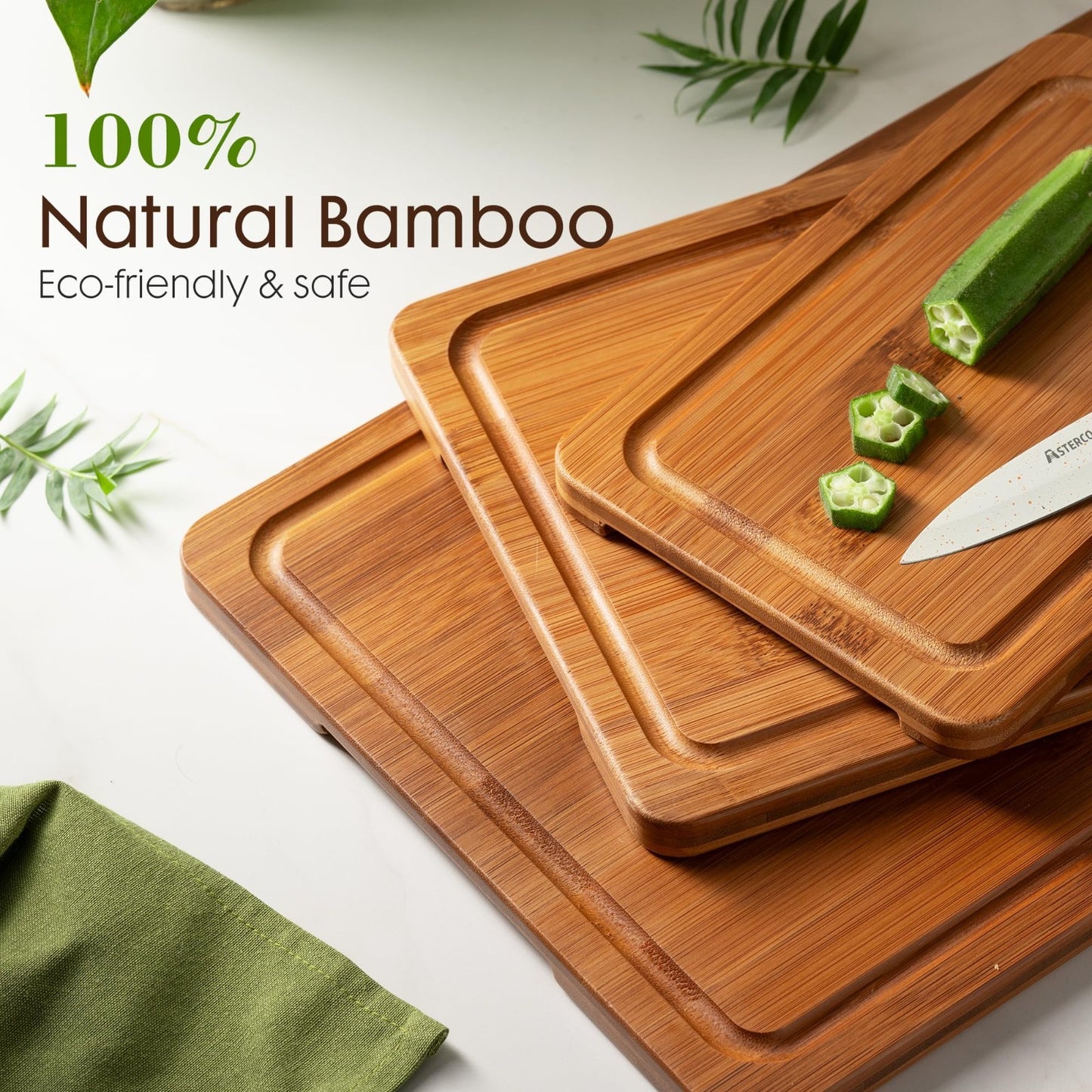 Reversible Bamboo Cutting Board Set with Juice Grooves & Easy Grip Handles   Kit4