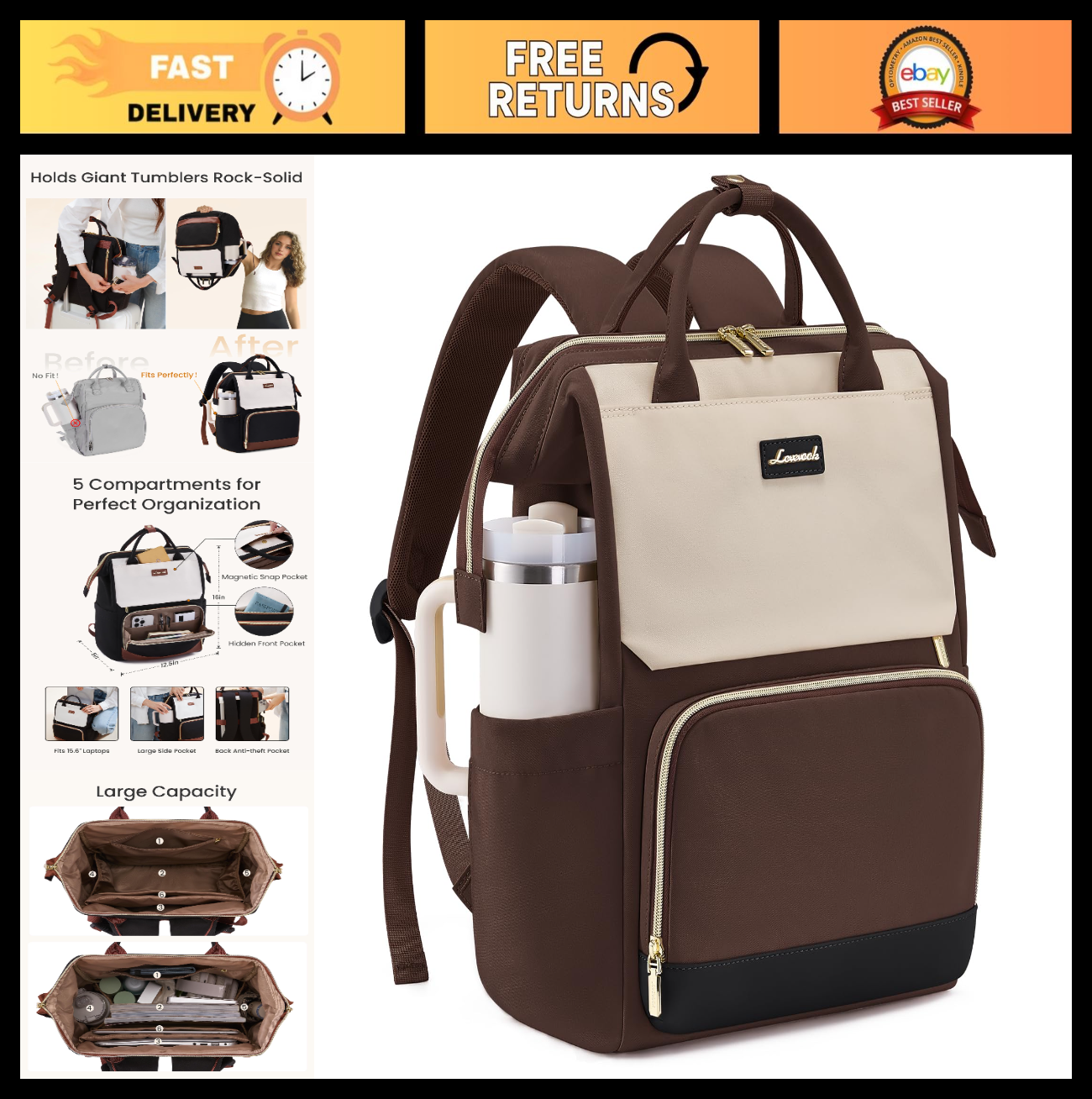 Stylish Laptop Backpack for Women   Giant Tumbler Holder, Travel, Work, Nurse, T0