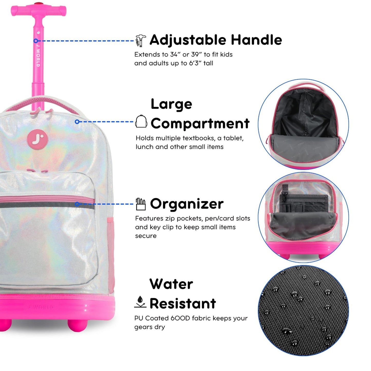 Kids Rolling Backpack with Wheels, School Roller Bookbag for Girls & Boys, 18"x14