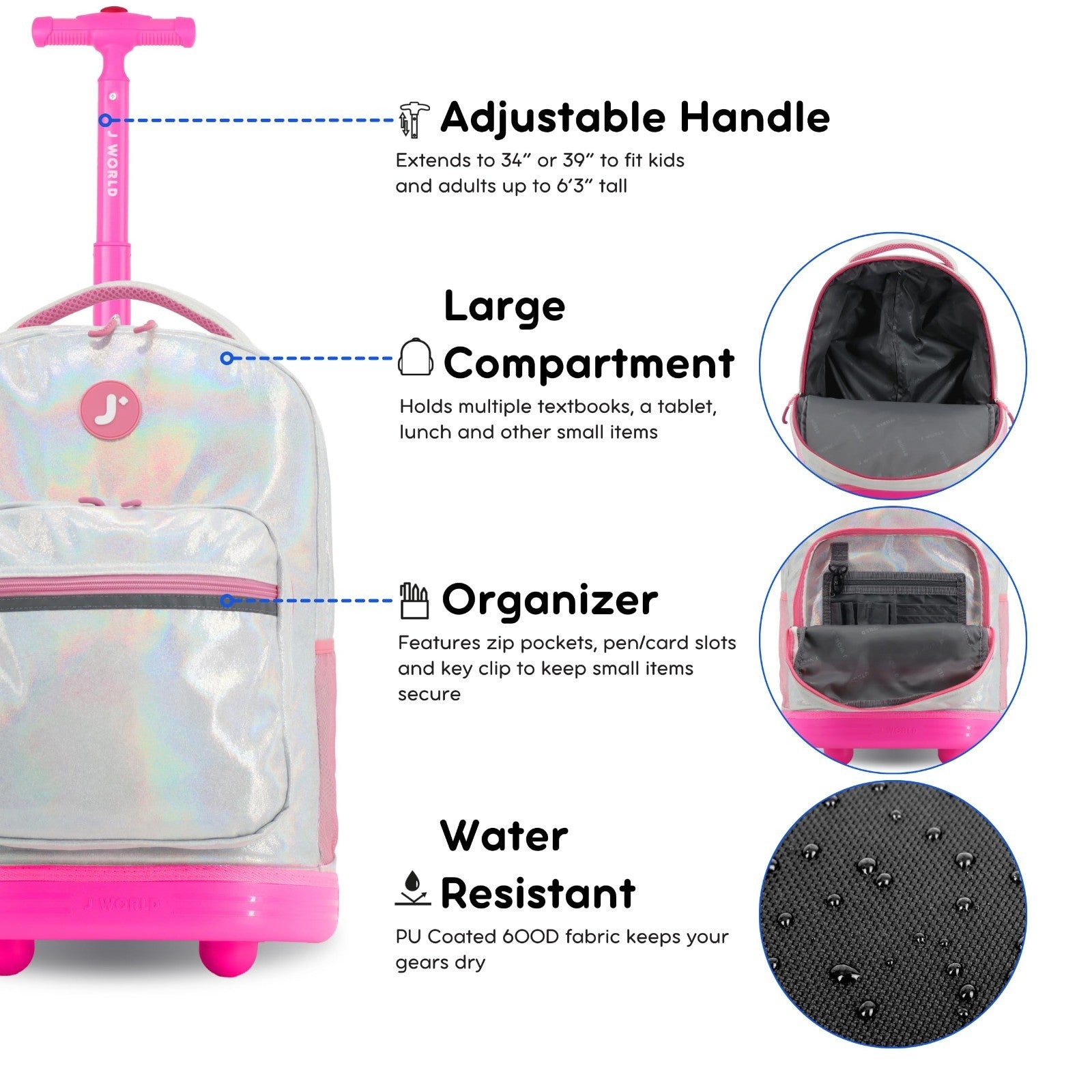 Kids Rolling Backpack with Wheels, School Roller Bookbag for Girls & Boys, 18"x14