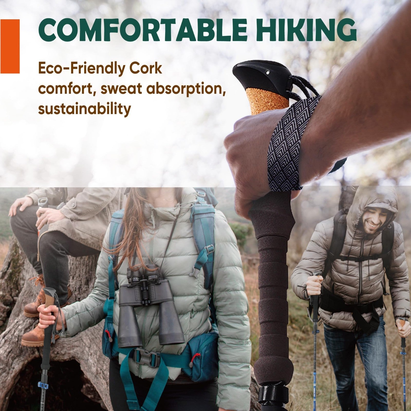 Lightweight Adjustable Trekking Poles with Cork Grip - Compact Hiking Sticks for6