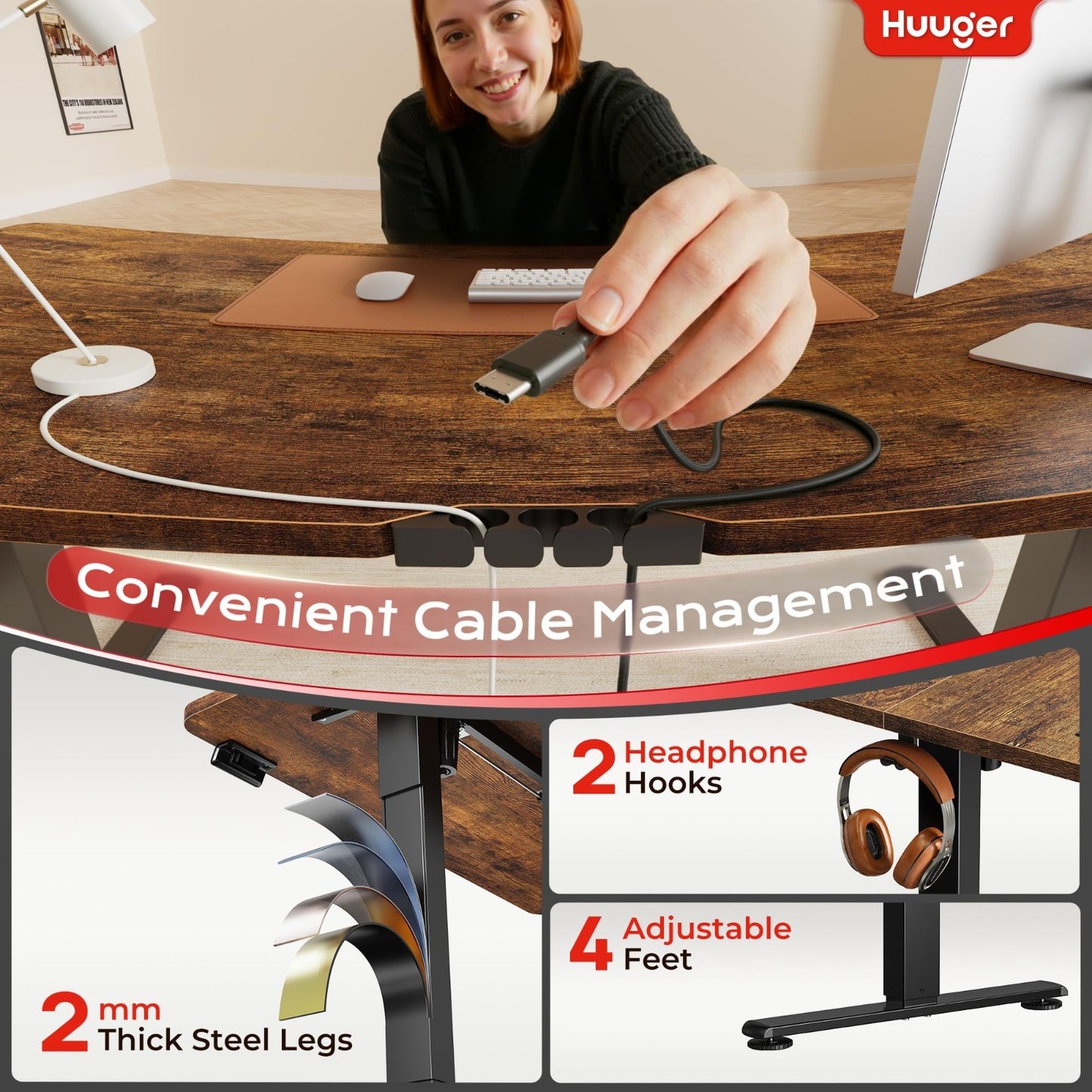 Height Adjustable Electric Standing Desk with USB-C & Power Outlets, 47x24" - Ru5