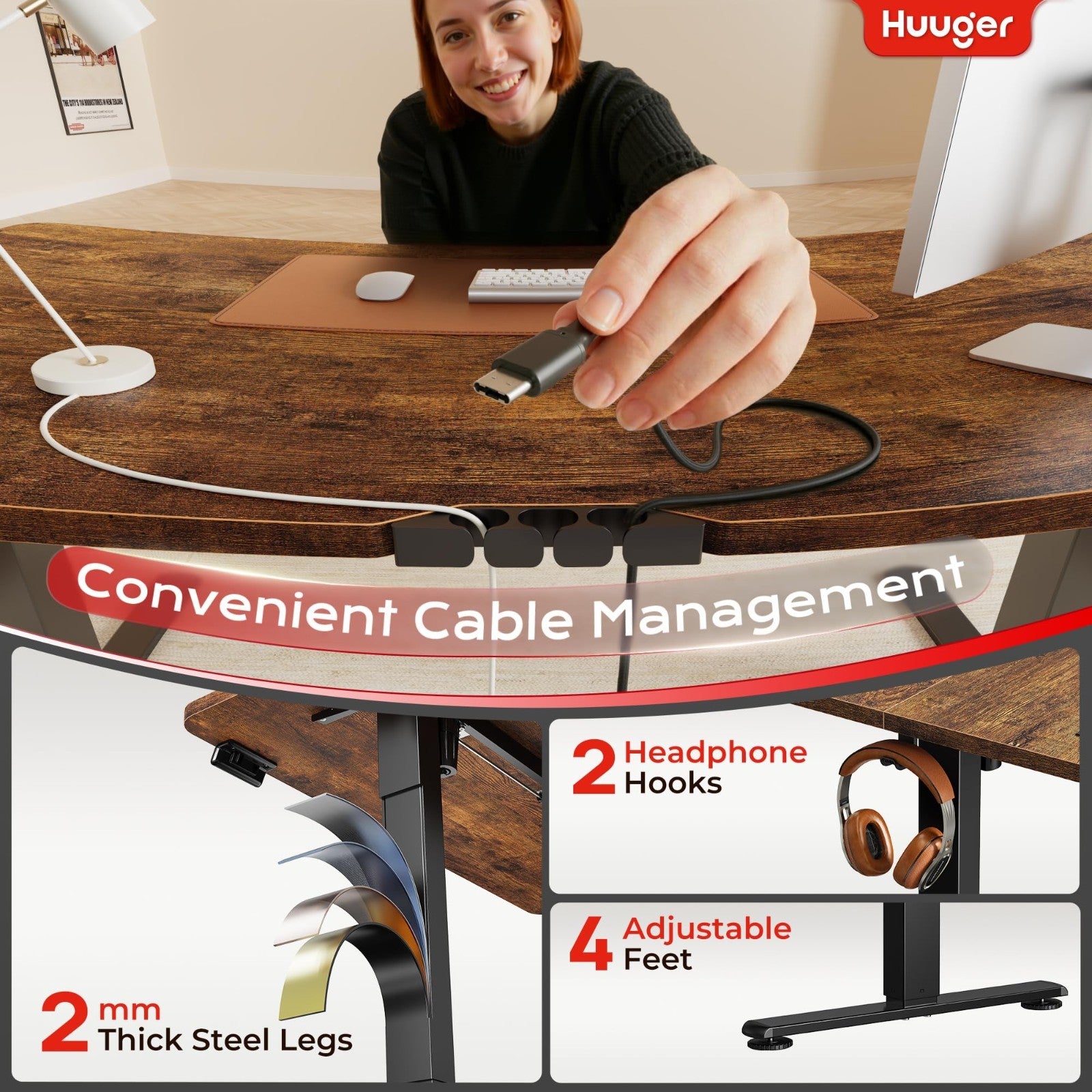 Height Adjustable Electric Standing Desk with USB-C & Power Outlets, 47x24" - Ru5