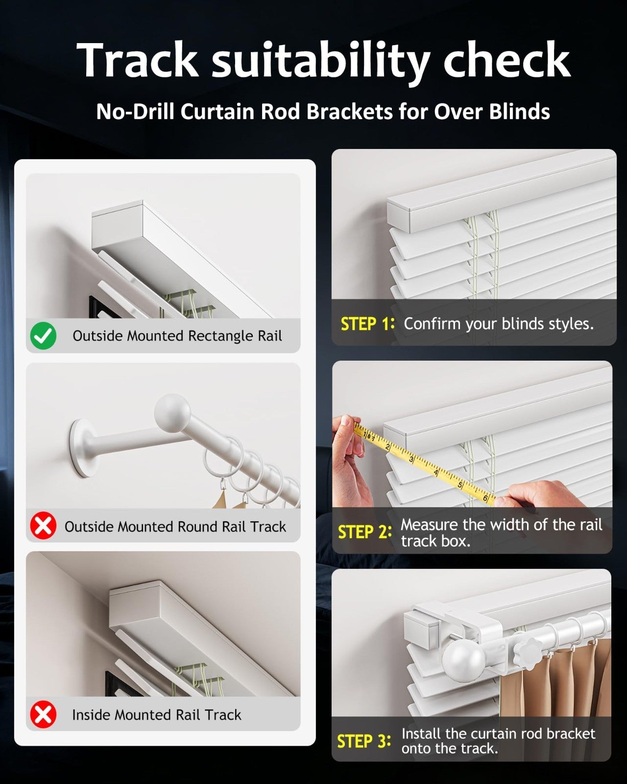 No Drill Curtain Rod Brackets for Outside-Mount Blinds, Tool-Free, Renter Friend5