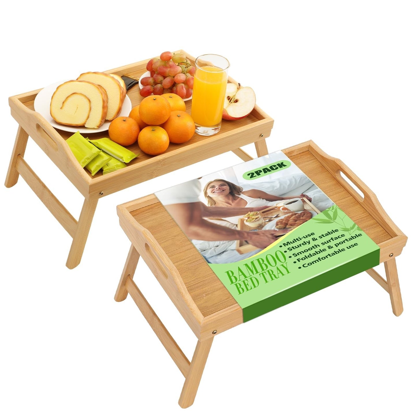 Foldable Bamboo Breakfast Tray with Legs - 2 Pack, 15.7x11.8in Serving Table for0